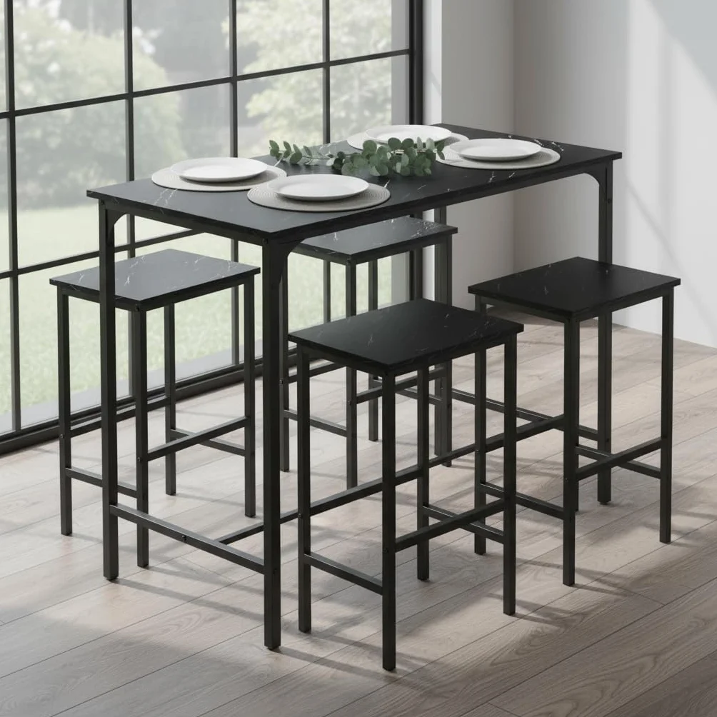 Esstisch und Stühle 5-teiliges Set, Hoher Tisch mit Hockern, Bar Ecke für Zuhause, geeignet für Küche Esszimmer Wohnzimmer, Bartisch 100 x 60 x 90 cm, Schwarz