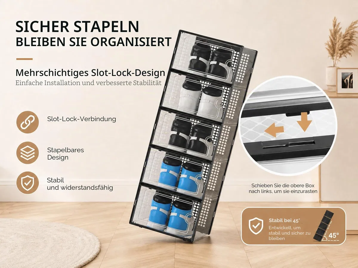 Kuject Große Schuhboxen für Schrank, passend für Größe 46, transparente Kunststoff-Stapelbare Sneaker-Behälter mit Deckel, großartiger Ersatz für Schuhregal, schwarz, 12 Stück