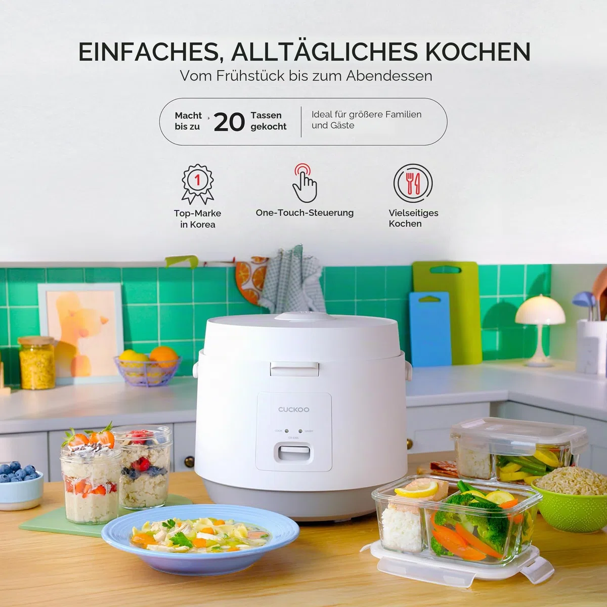 CUCKOO CR-1095 10 Tassen (ungekocht) / 20 Tassen (gekocht) Basic Reiskocher und Wärmer mit antihaftbeschichtetem Innentopf, Schalterpresse (weiß)