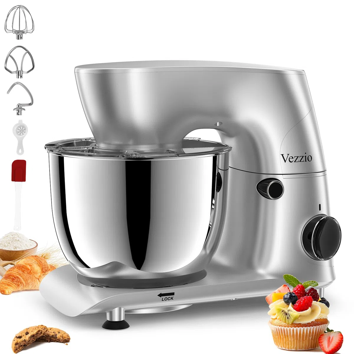 Vezzio Knetmaschine Küchenmaschine zum Backen, 5.5L | 1500W Teigmaschine Klein mit Knethaken, Schlagbesen, Spritzschutz, 10 Geschwindigkeit Planetarisches Rührsystem (Silber)