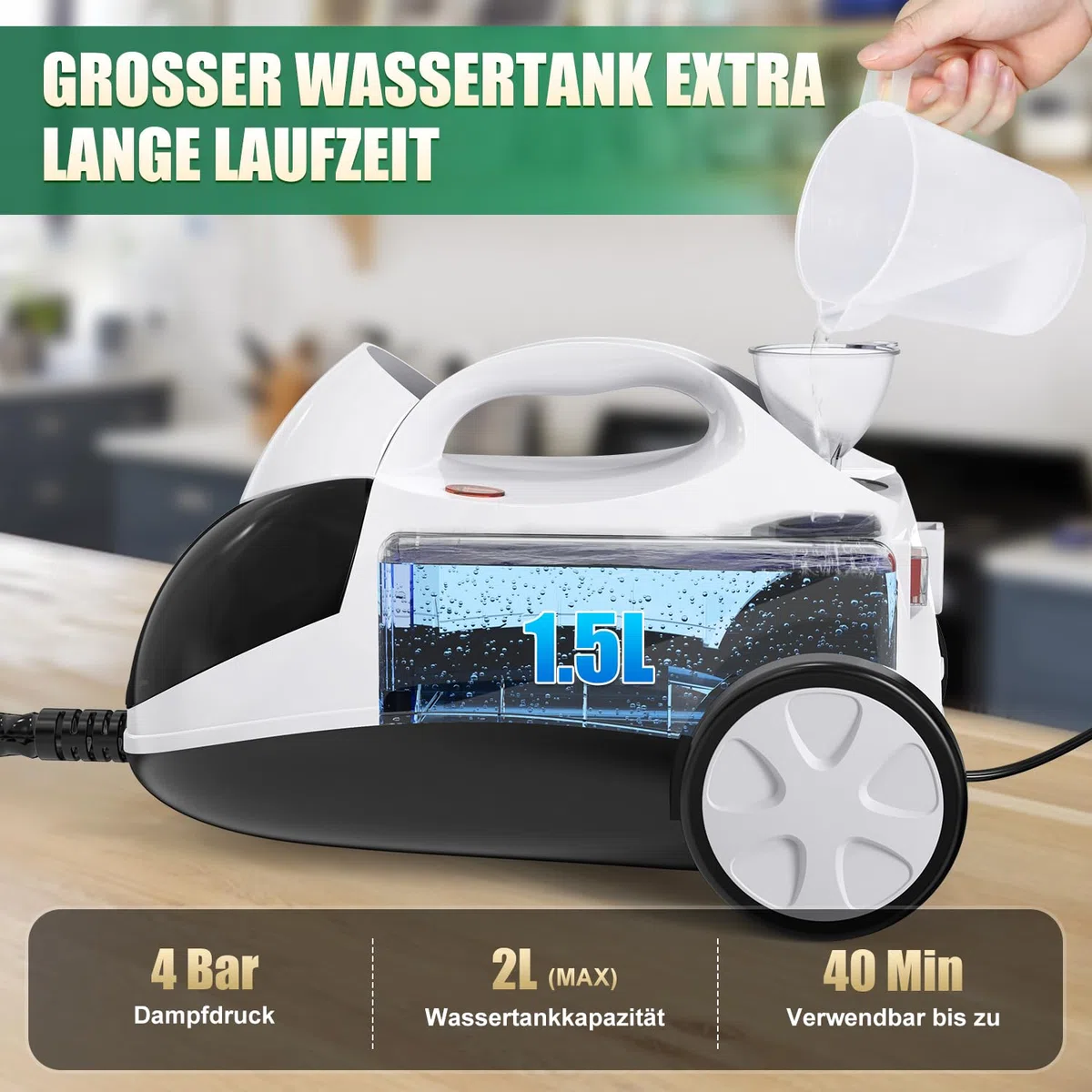 Rolipo Dampfreiniger, Dampfdruck: 4 Bar, Leistung: 2000 W, Tank: Max 2 L, Nutzungsdauer: 40 Minuten, mit Bodenreinigungsset, Düsen und Rundbürste von Böden, Sofas, Polstermöbel und Autos