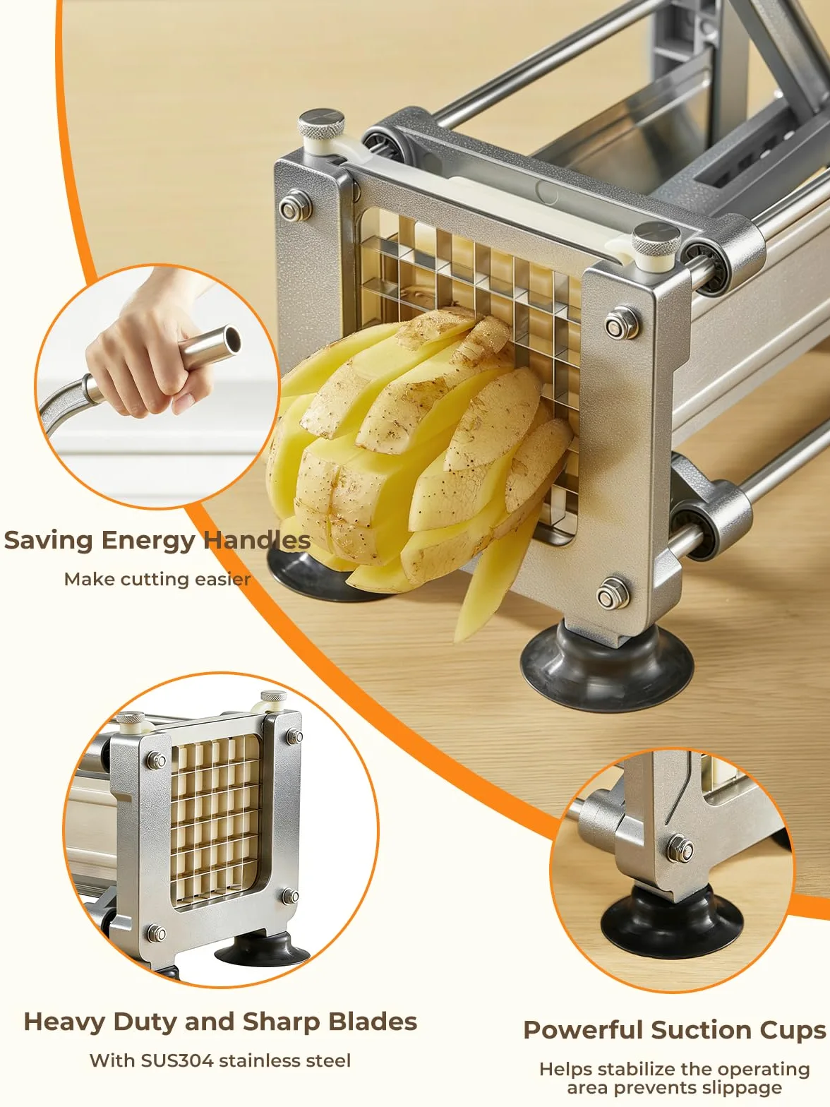 FOHRER Pommesschneider Edelstahl Professioneller Manueller Kartoffelschneider mit 13, 9, 6 mm Klingen aus Edelstahl, Pommes Frites Schneider für ganze Kartoffeln, Karotten, Gurken, Zwiebel, Silber