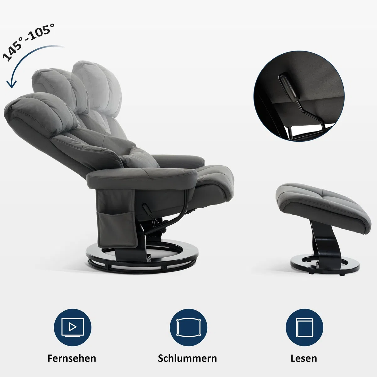 MCombo Relaxsessel mit Hocker Drehbare Fernsehsessel Liegefunktion Moderner TV-Sessel Stuhl Wohnzimmer Mikrofaser Grau