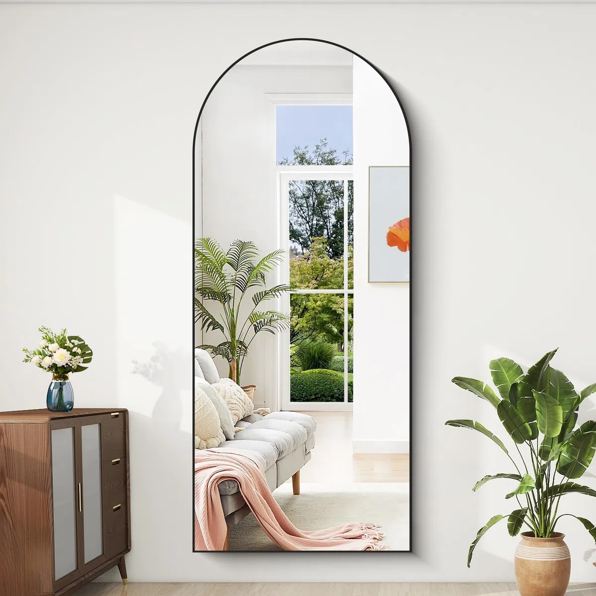 BONEWEI Ganzkörperspiegel 179x65cm, Bogen Standspiegel Ganzkörperspiegel mit Schwarzer Aluminiumrahmen, Groß Gewölbter Wandspiegel zum Stehen, Anlehnen oder Hängen für Wohnzimmer Schlafzimmer Flur