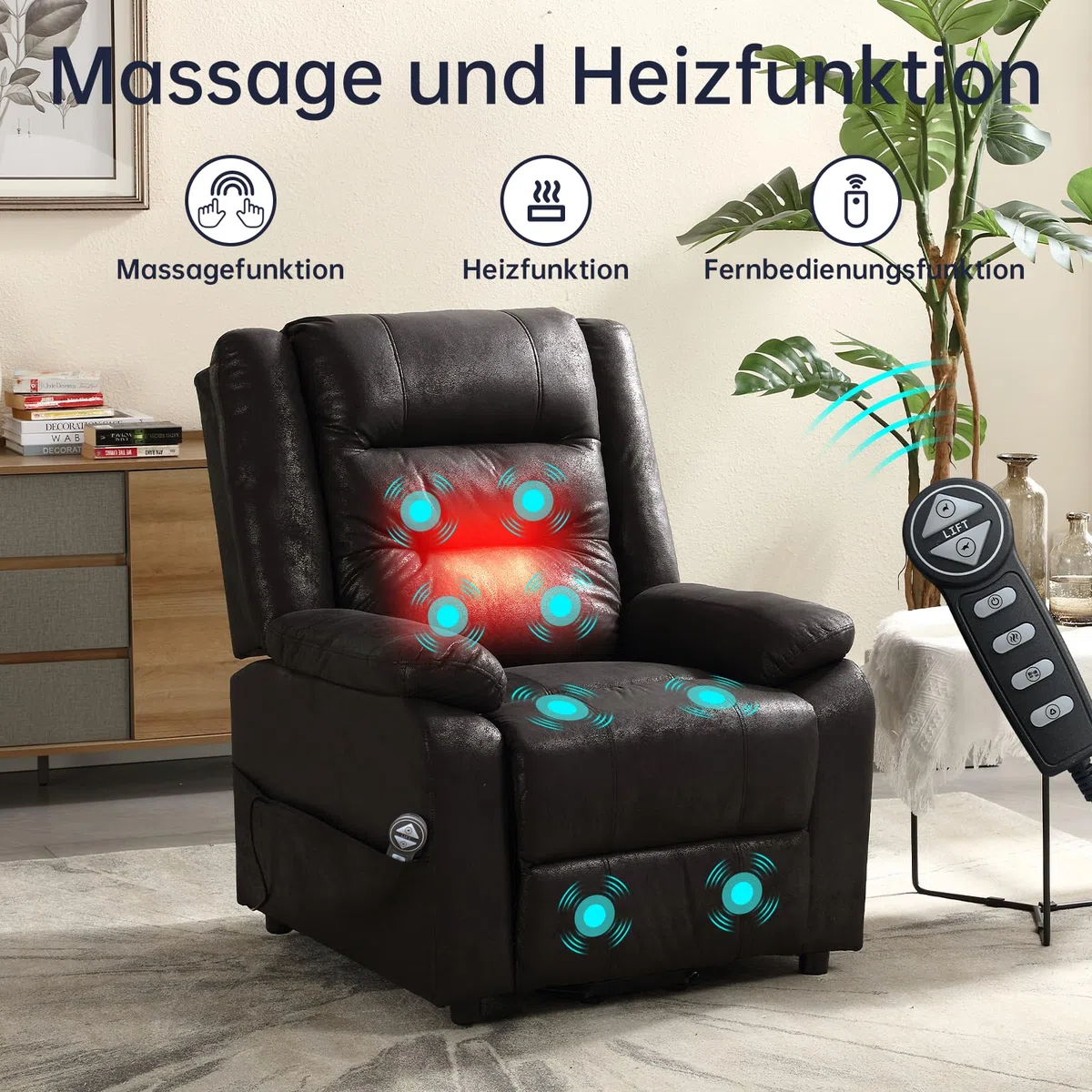 Elektrischer Fernsehsessel mit Aufstehhilfe, Relaxsessel Massagesessel mit Wärmefunktion, Liegefunktion, bis 220kg, Schwarz Flockleder