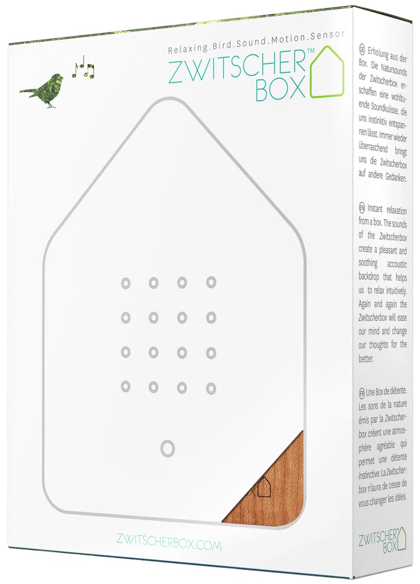 RELAXOUND ORIGINAL Zwitscherbox "Cherry" – Moderne Vogelgezwitscher Box mit Vollholzfront – Entspannender Vogelgesang – Bewegungsmelder mit Sound – Naturgeräusche Soundbox