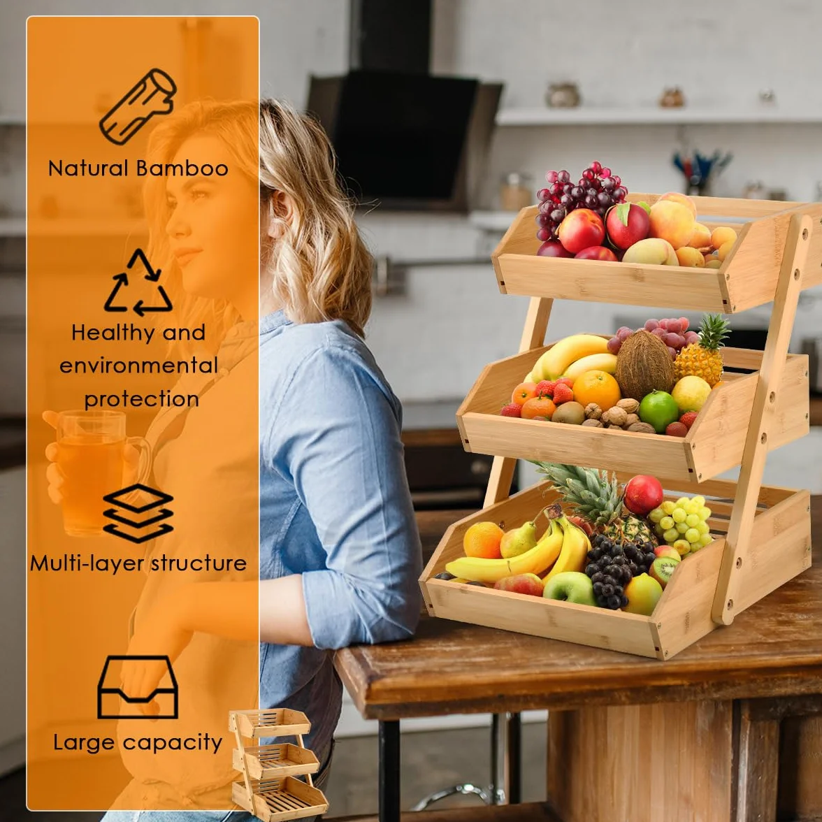 Obstkorb Bambus, Obst Etagere 3 Stöckig Obst Etagere Holz, Bambus Obstkorb 3 Etagen Abnehmbarer Obstständer Obstschalenhalter für Theke für Gemüse, Brot, Snack
