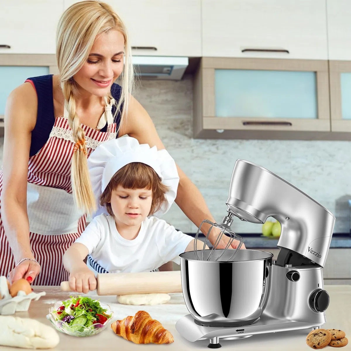 Vezzio Knetmaschine Küchenmaschine zum Backen, 5.5L | 1500W Teigmaschine Klein mit Knethaken, Schlagbesen, Spritzschutz, 10 Geschwindigkeit Planetarisches Rührsystem (Silber)