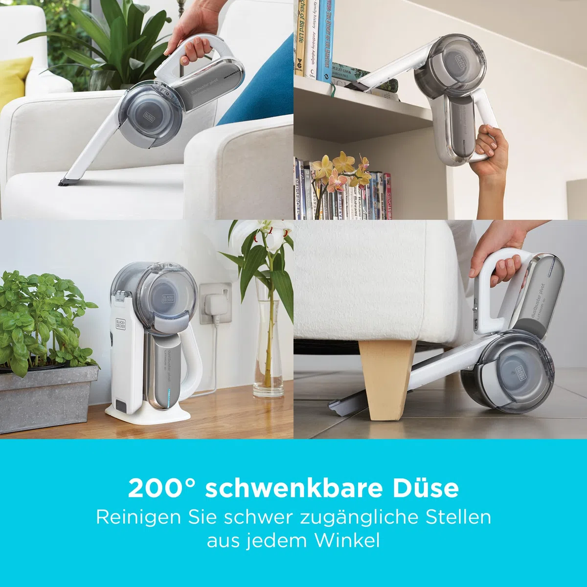 BLACK+DECKER Akku-Handstaubsauger 18V mit schwenkbarem Kopf, 8 Reinigungspositionen, Ladestation und Zubehör, PV1820L-QW