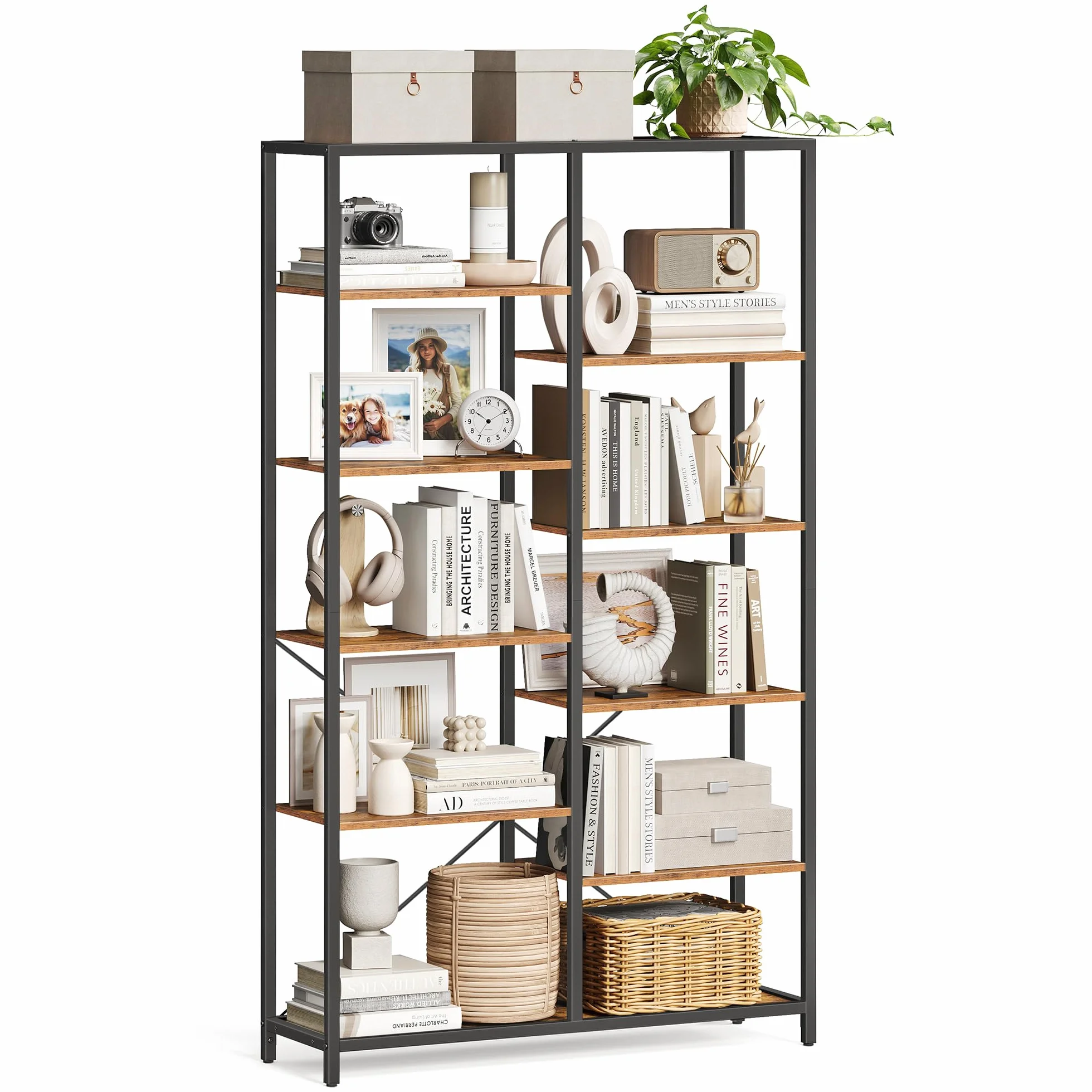 VASAGLE Bücherregal mit 5 Ebenen, Standregal, Regal, für Wohnzimmer, Bad, Küche, Flur, einfache Montage, vintagebraun-schwarz LLS155B01