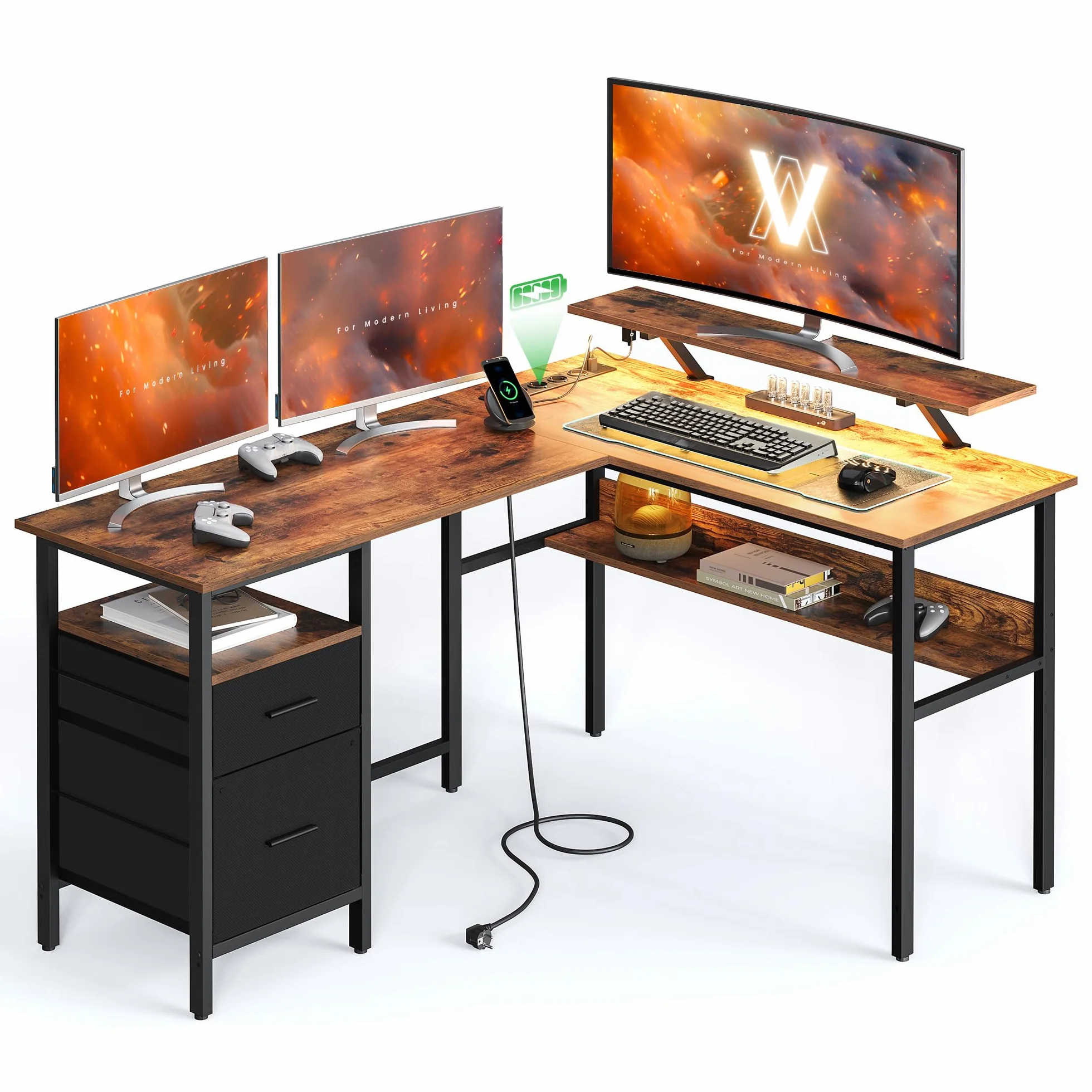 VASAGLE L-förmiger Schreibtisch mit Steckdosen, Eckschreibtisch, Computertisch, Monitorständer, Gaming-Tisch, LED-Beleuchtung, USB-Anschlüsse, 150 x 120 x 76 cm, Homeoffice, vintagebraun LWD095K01