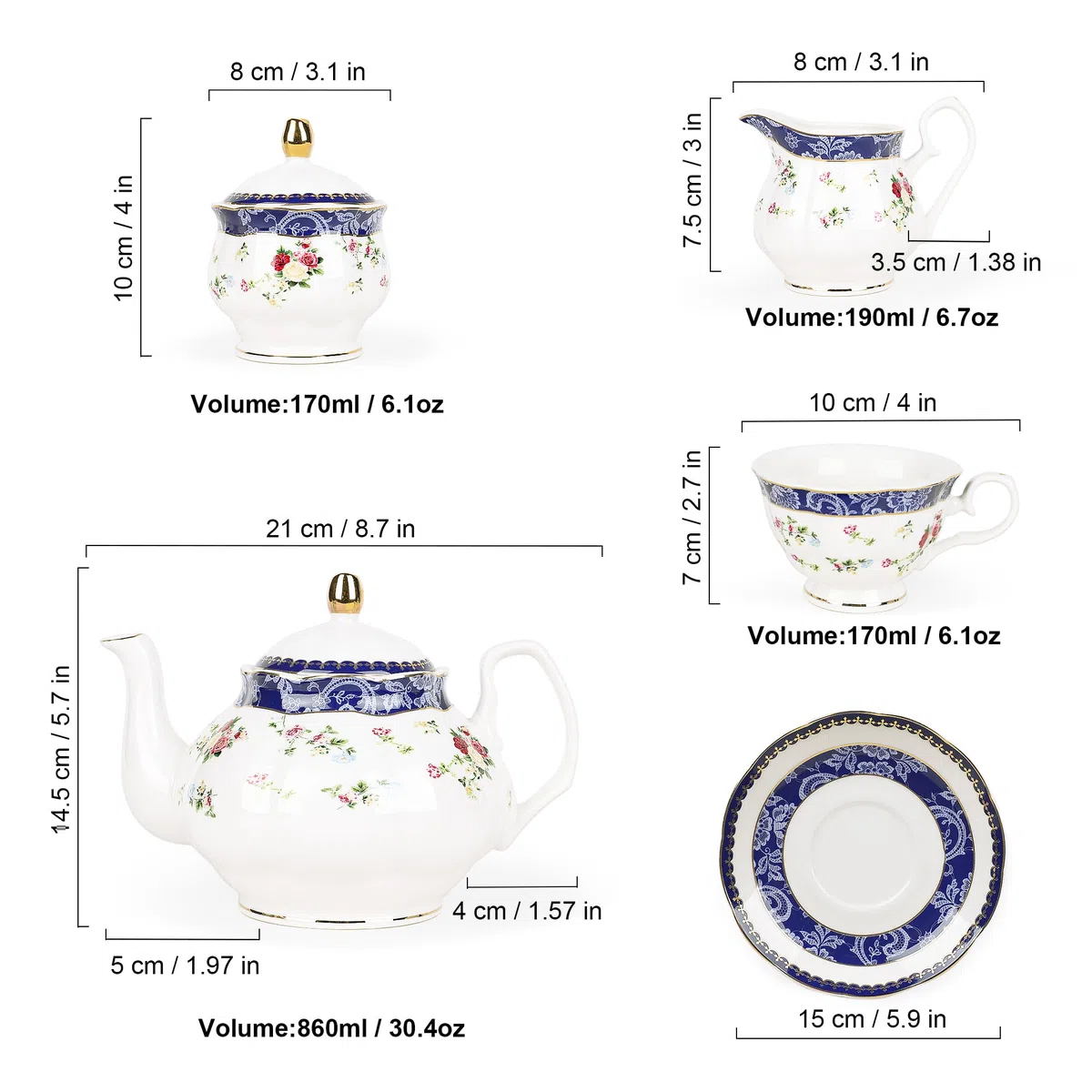 fanquare 21 Stück Blaue Rose Britisches Nachmittagstee-Set, Modernes Porzellan Teekannen-Set, Vintage Kaffeetasse und Untertasse Set, Erwachsene Teeservice für 6 Personen