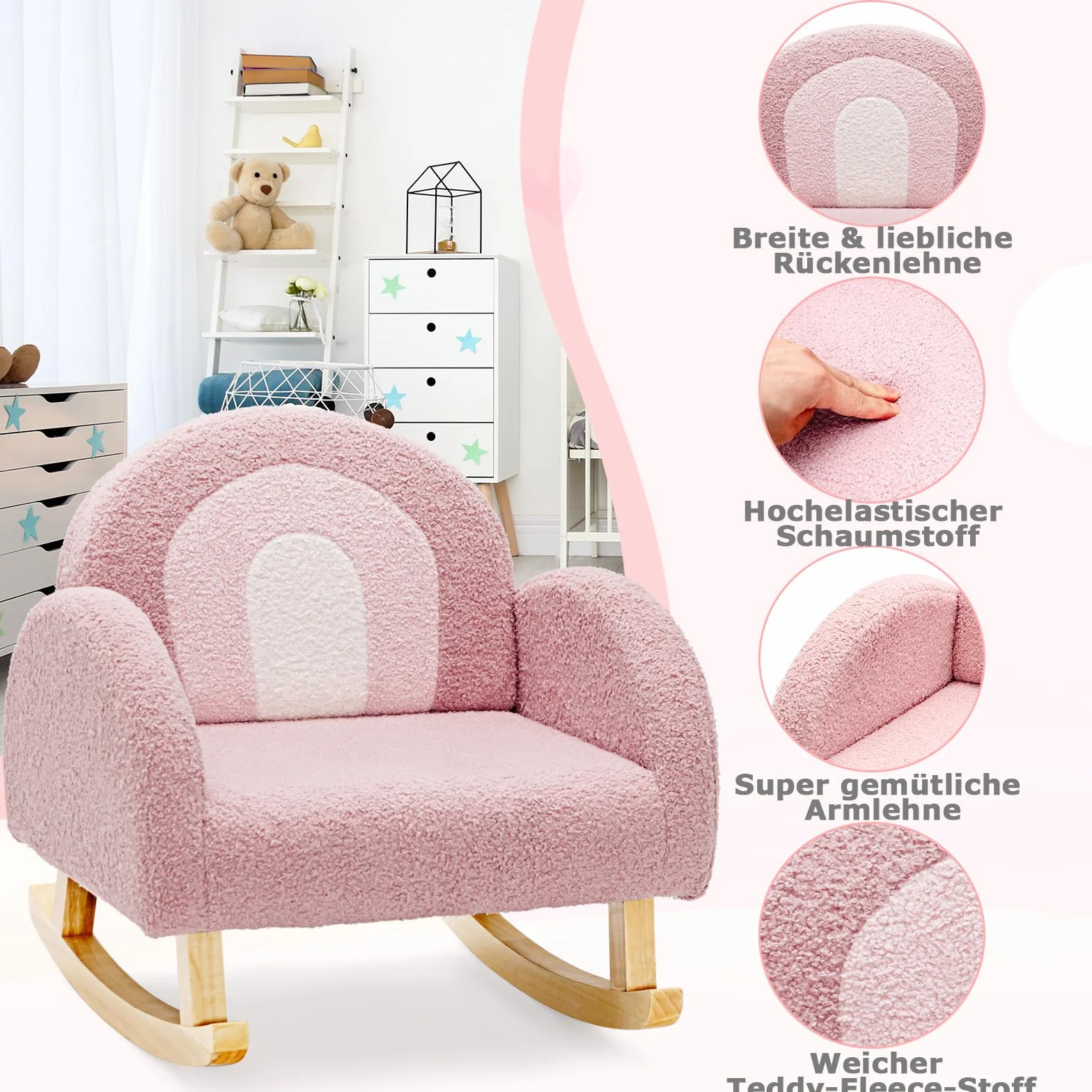 COSTWAY Kindersessel für Kleinkinder, gepolsterter Kindersofa Schaukelstuhl mit Massivholzbeinen, Schaukelsessel Kinderstuhl für Kinderzimmer, Spielzimmer & Kindergarten (Schaukelstuhl, Rosa)