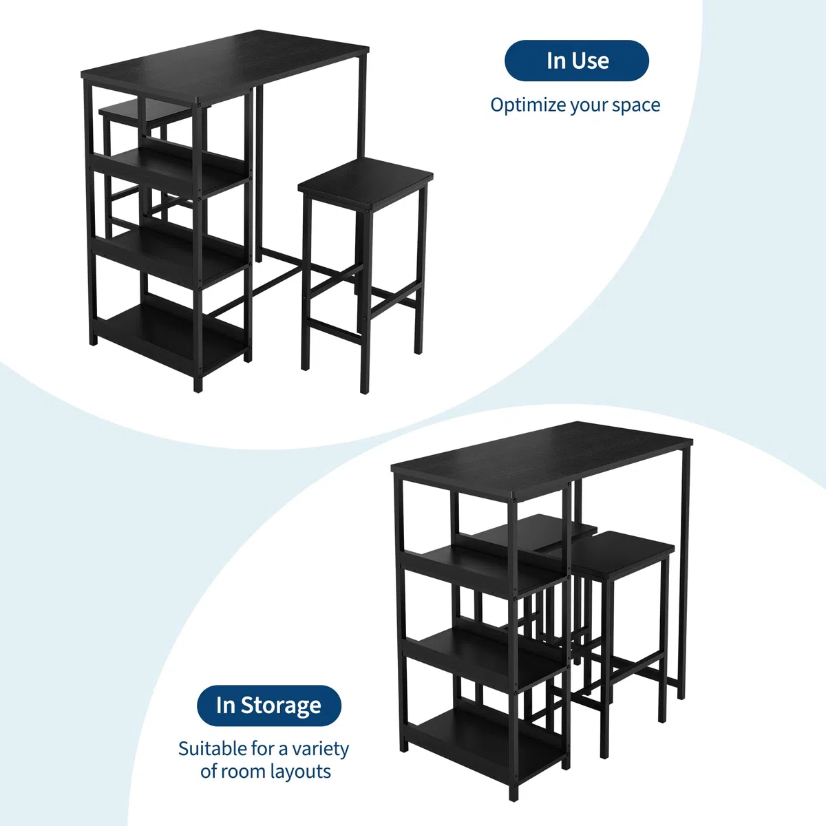 3-teiliges Esszimmer-Set – Moderner Esstisch mit Metallgestell & Holzoptik, 2 Barhockern, Ablagefächern, platzsparend für Küche, einfache Montage, Schwarz, Black Tube + Black Wood Grain