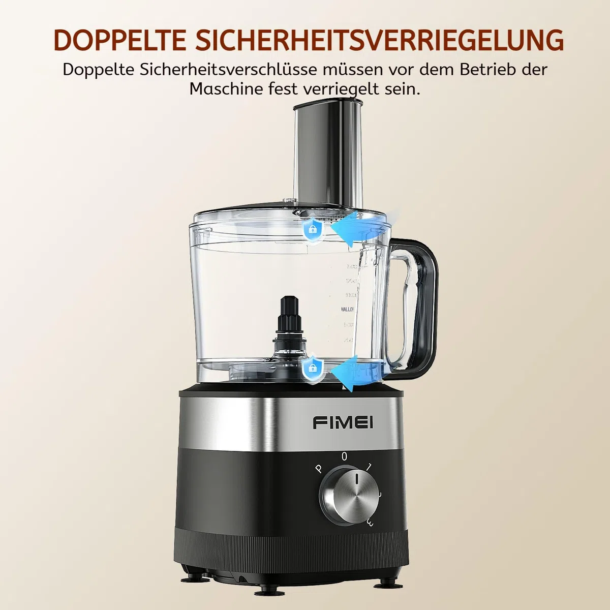 FIMEI Küchenmaschine 800W, 3 Geschwindigkeiten & Pulsfunktion, 1,5L Zerkleinerer, Teigkneter, Raspel, Wendeschneider, Emulgierscheibe, Doppelverriegelung, Kompakt & Platzsparend