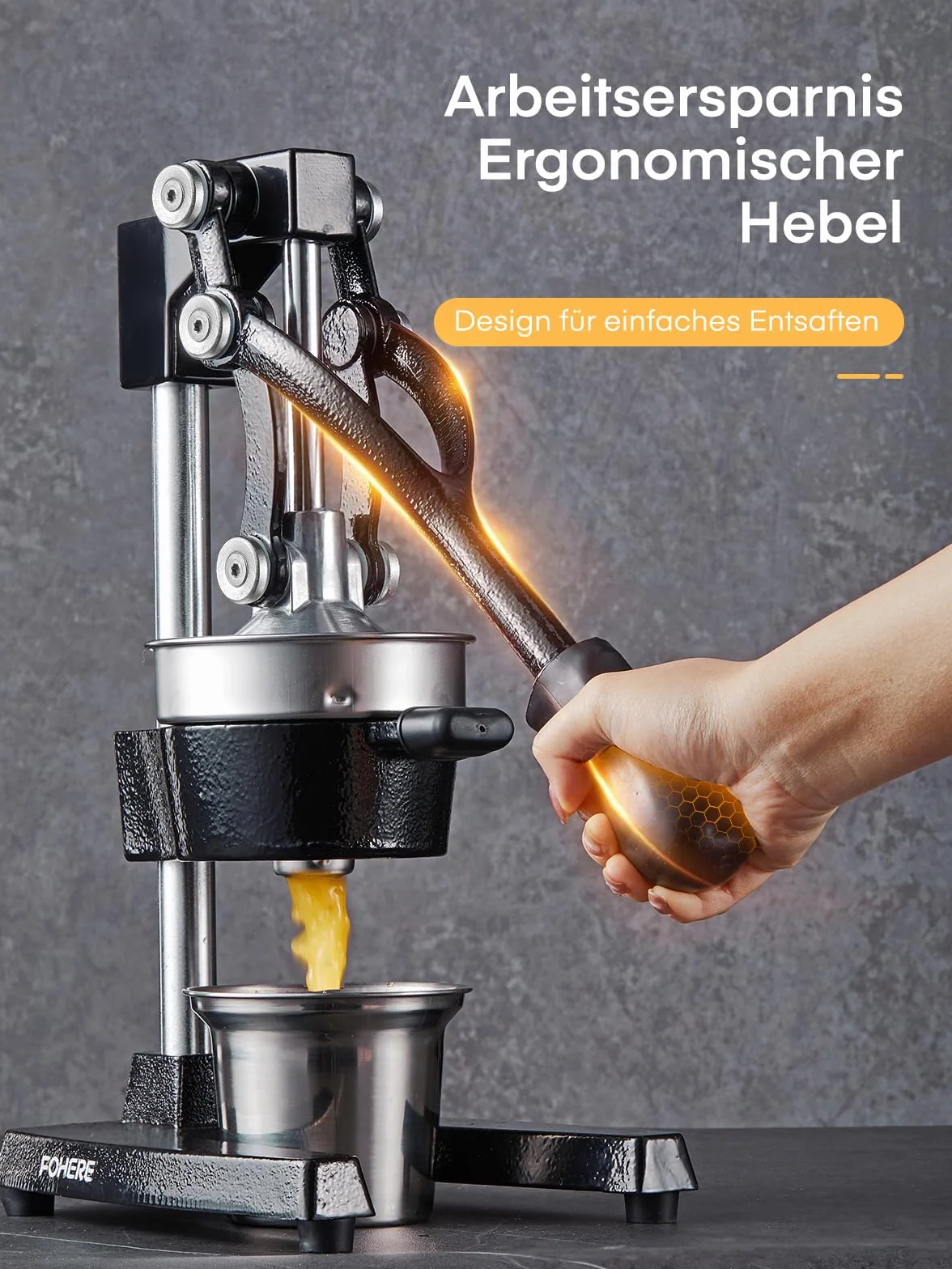 FOHERE Saftpresse Manuell, Professionelle Orangenpresse Handpresse für Orangen, Zitronen, Granatäpfel, Grapefruits, Leicht zu Reinigende Zitruspresse mit Edelstahlbecher