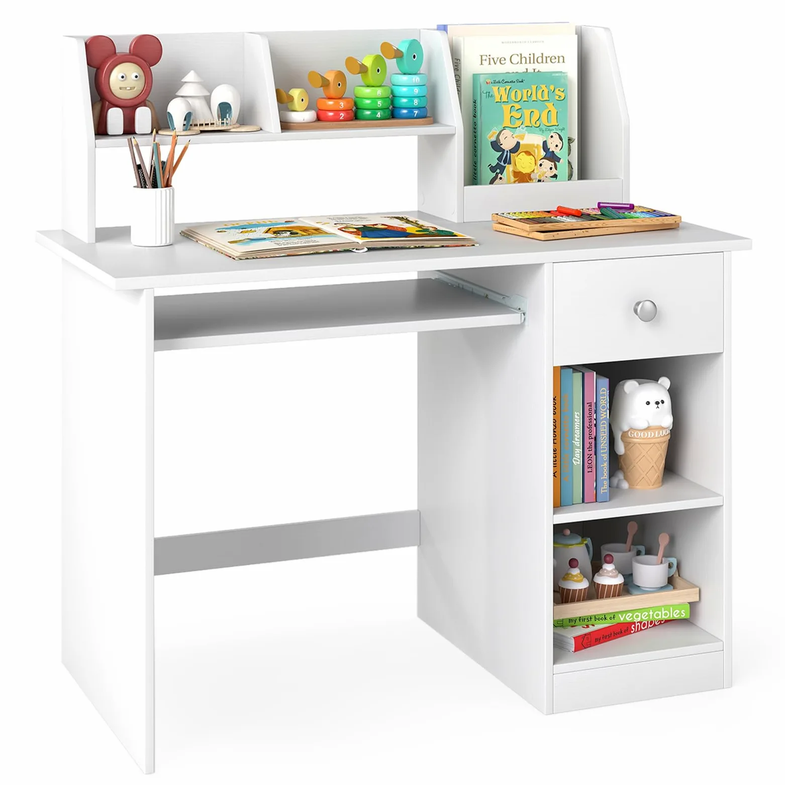 GOPLUS Kinderschreibtisch, Kinder Schreibtisch mit Bücherregal, Schublade & 4 offenen Ablagen, Kindertisch mit Tastaturablage, Jugendschreibtisch mit Kippschutz, Schreibtisch für ab 3 Jahren (Weiß)