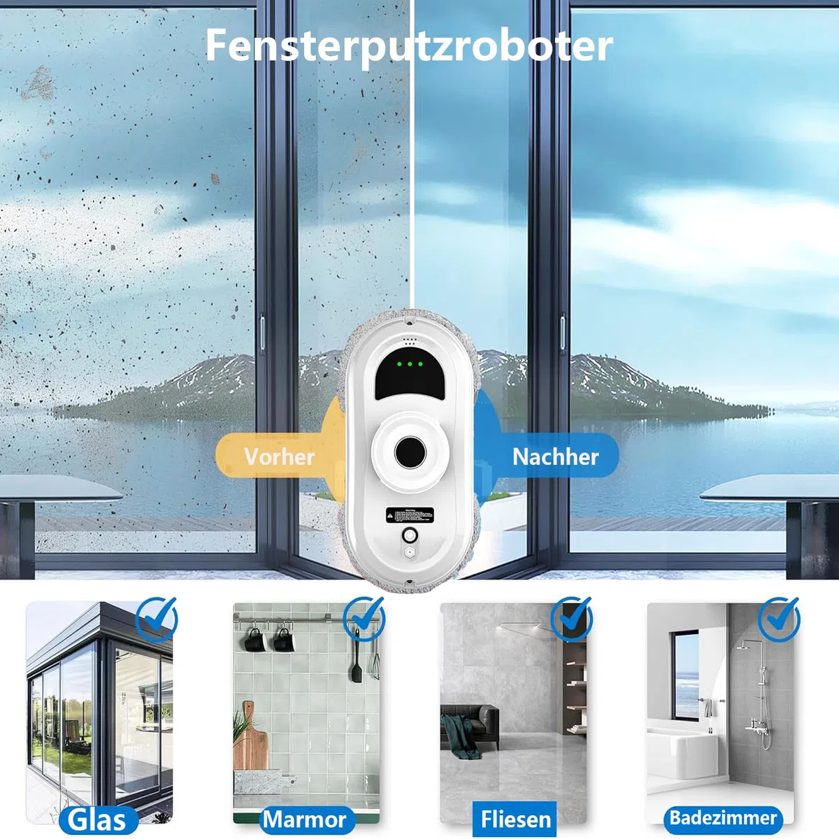 Fensterputzroboter, 5600Pa Elektrischer Fensterreiniger Roboter mit Fernbedienung und Kantenerkennungssystem, Automatischer Fensterreiniger für Innen- und Außenfenster, 6 Tücher