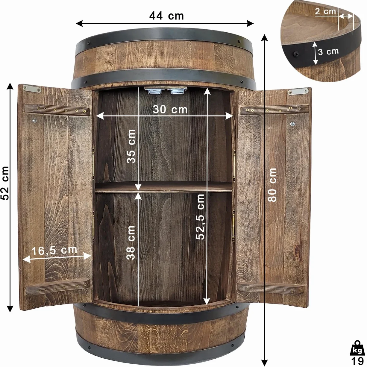 Fassbar mit 2 Türen und LED Beleuchtung, Holzfass 80x50cm Weinfass - Barschränk handgemacht Flaschenregal Hausbar vintage theke bar wand holzregal whisky Wein Bier - Bartisch Geschenk für Männer