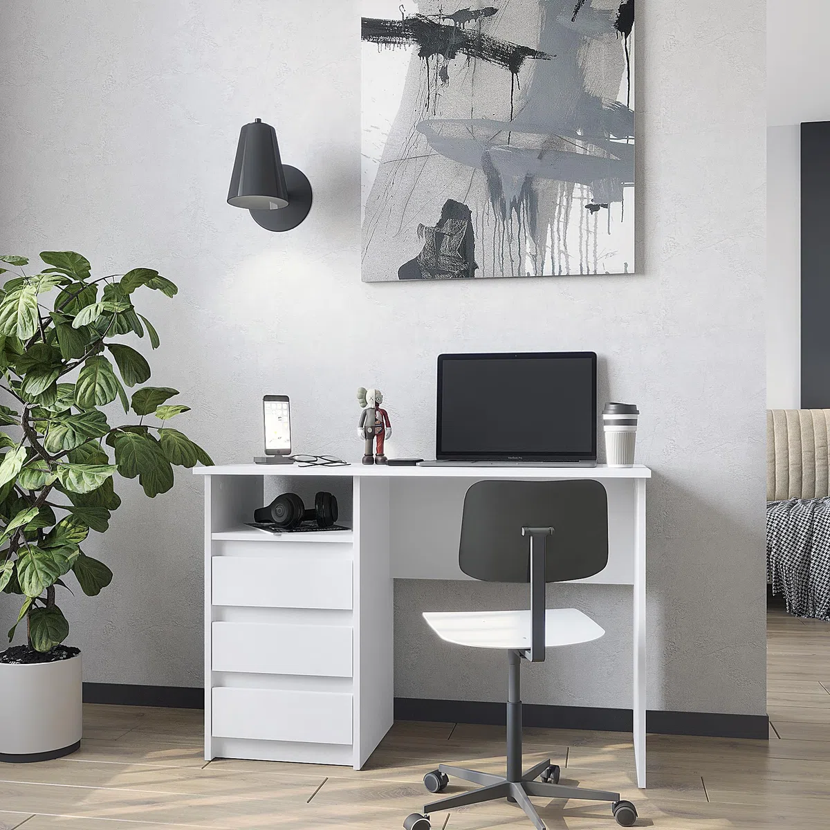 KOMTO Schreibtisch mit Schubladen - Bürotisch Computertisch Klein Arbeitstisch Büro PC-Tisch Kinderschreibtisch mit Stauraum | Moderner Schreibtisch Weiß | Oslo 110 x 50 x 74 cm