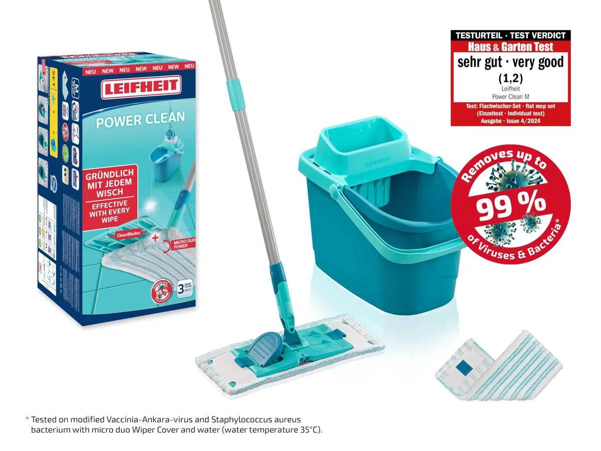 Leifheit Set Power CLEAN, Wischer,rückenschonender Bodenwischer mit Reinigungsklingen, Wischtuchpresse, Wischmopp Set mit Eimer und 2X Mikrofaser Wischbezüge für alle Hartböden, Click-System
