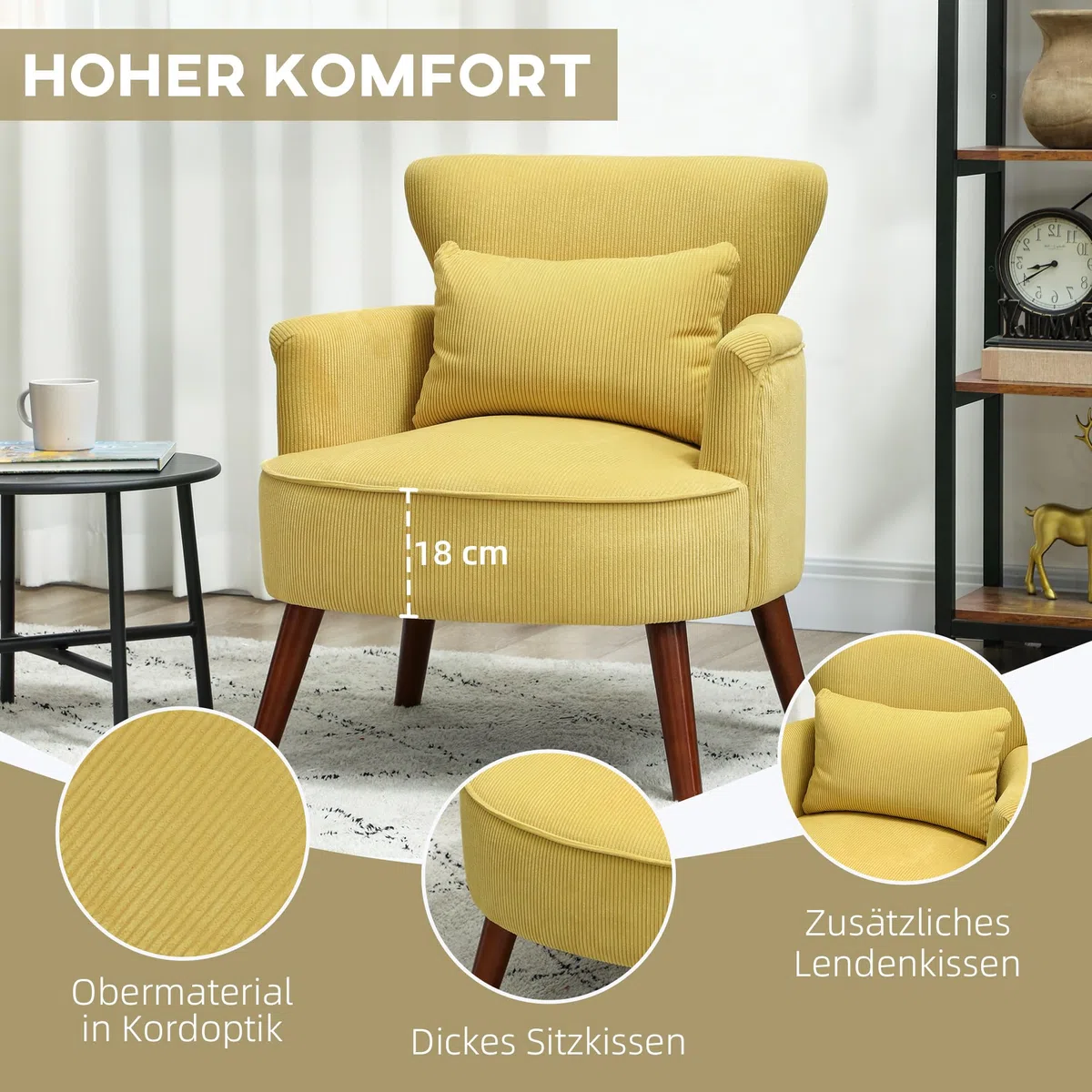 HOMCOM Sessel Loungesessel mit Armlehnen, Polstersessel mit Kissen Armlehnensessel mit Kordoptik, Holzbeine Lesesessel für Wohnzimmer, Schlafzimmer, Gelb