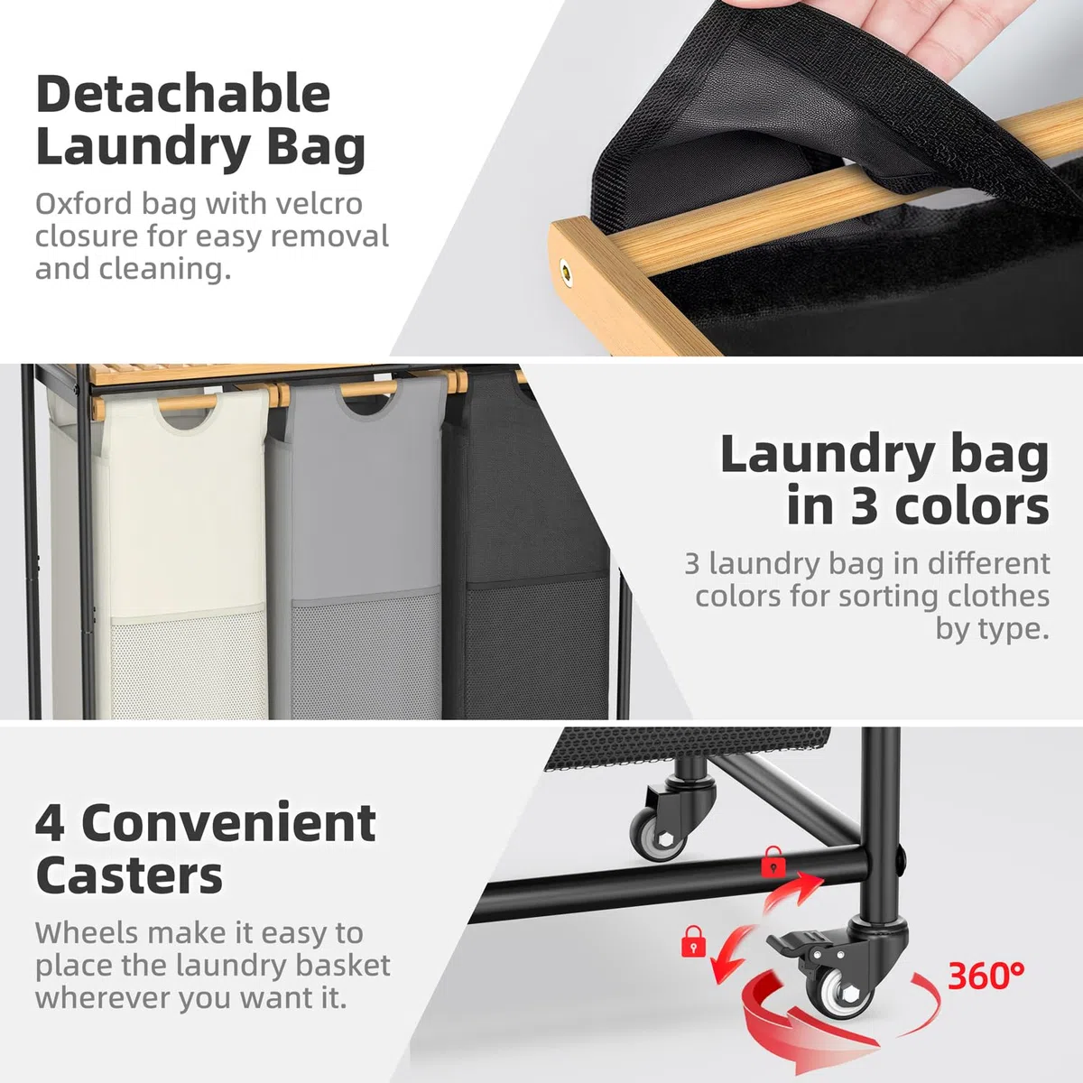 BambooHomie Wäschekörbe 3 Abschnitt, Wäschesortierer mit entnehmbarem Regal und herausziehbaren Taschen, Wäschekörbe mit Rollwagenkorb für Waschküche Badezimmer, 3 x 40 L (Schwarz Weiß Grau)