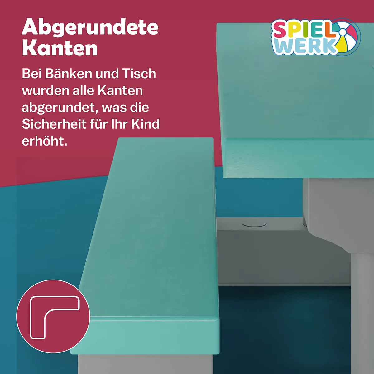 Spielwerk® Kindersitzgruppe Sonnenschirm UV Schutz Stecksystem Waschbar ABS Kunststoff Wetterfest Mint Outdoor Picknicktisch Kindertisch Gartenmöbel