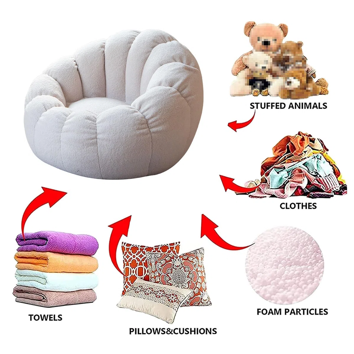 Lazy Sitzsack-Stuhlbezug, Sitzsack Bezug ohne Füllung Sessel aus Ultraweichem Teddy-Stoff Kürbis-Optik 85 x 65 cm für Outdoor & Indoor Gaming Entspannen,Weiß