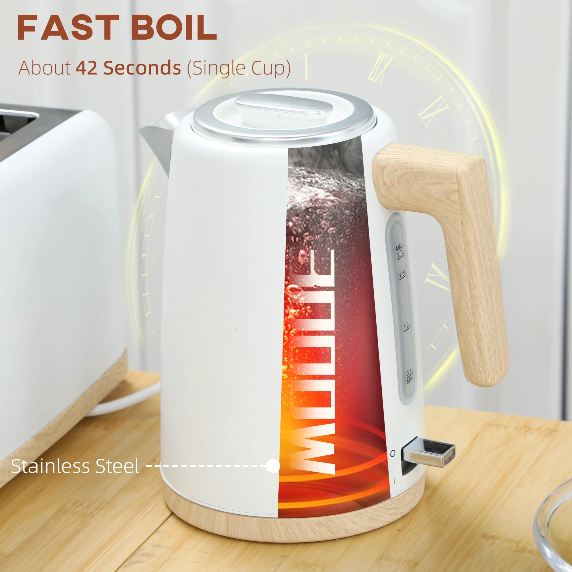 HOMCOM Set Wasserkocher und Toaster 2200W, Wasserkocher 1,7 L Schnellheizer und Toaster 2 Scheiben, 7 Bräunungsstufen - Abschaltautomatik, Trockenkochschutz, weiß