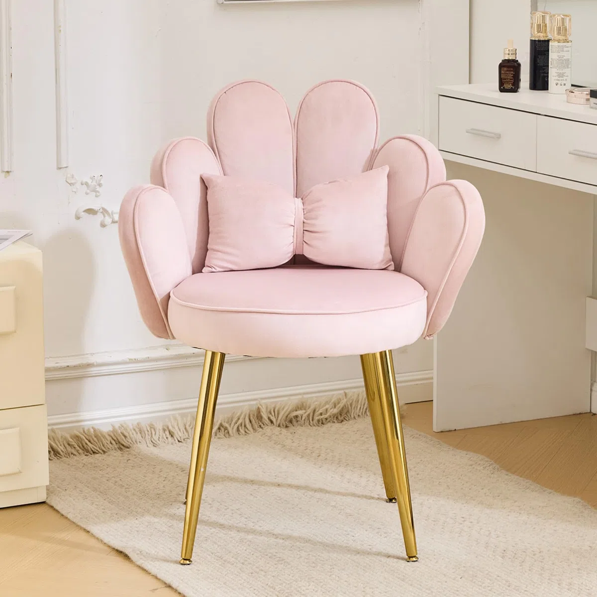 Schminktisch Stuhl mit Blütenblatt-Rückenlehne, Sessel Wohnzimmer, Lesesessel mit Schleifenkissen (Rosa)