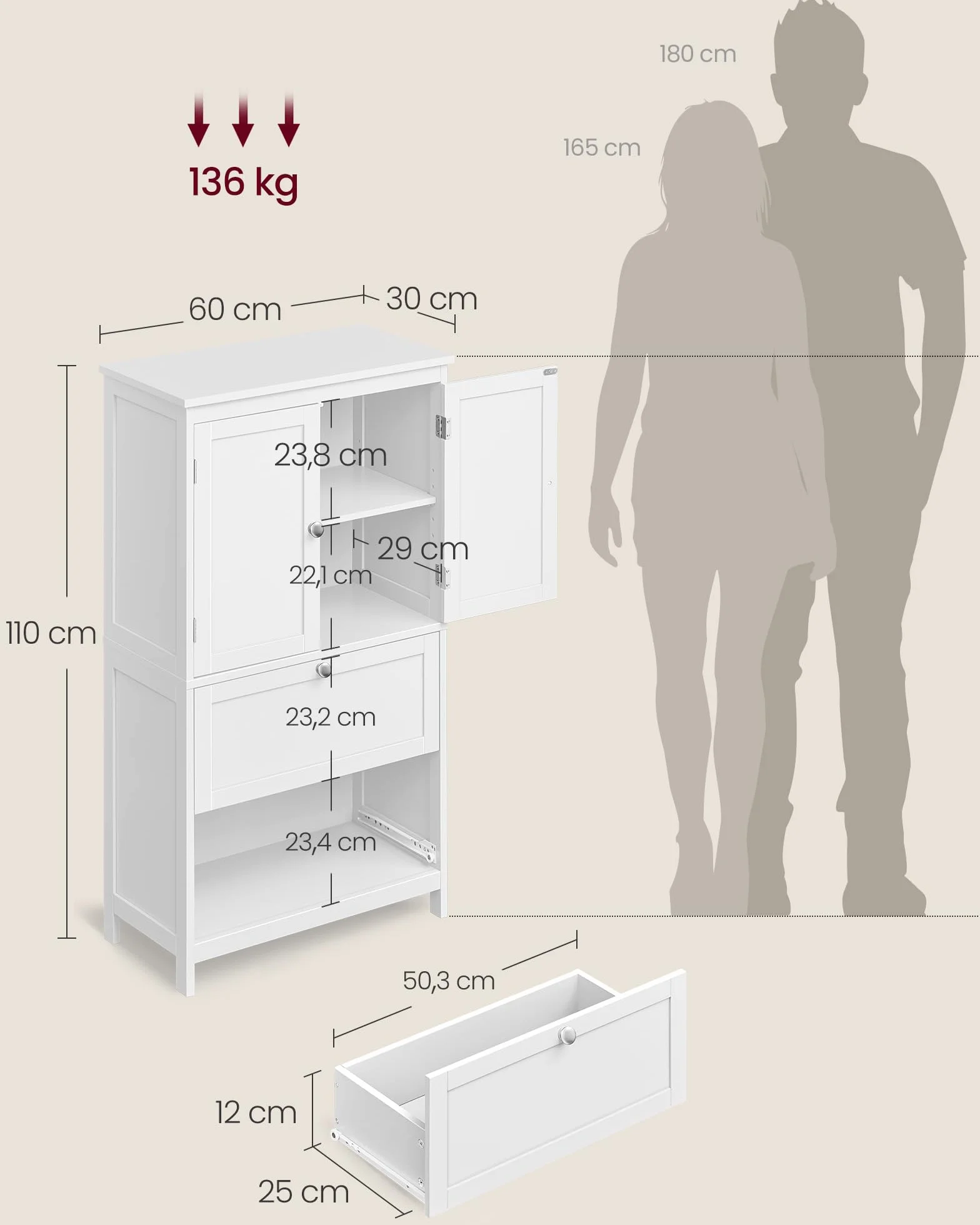 VASAGLE Badezimmerschrank, Badschrank, Küchenschrank, Aufbewahrungsschrank mit 2 Türen und 2 Schubladen, verstellbare Ablage, 30 x 60 x 110 cm, klassikweiß BBC551P31