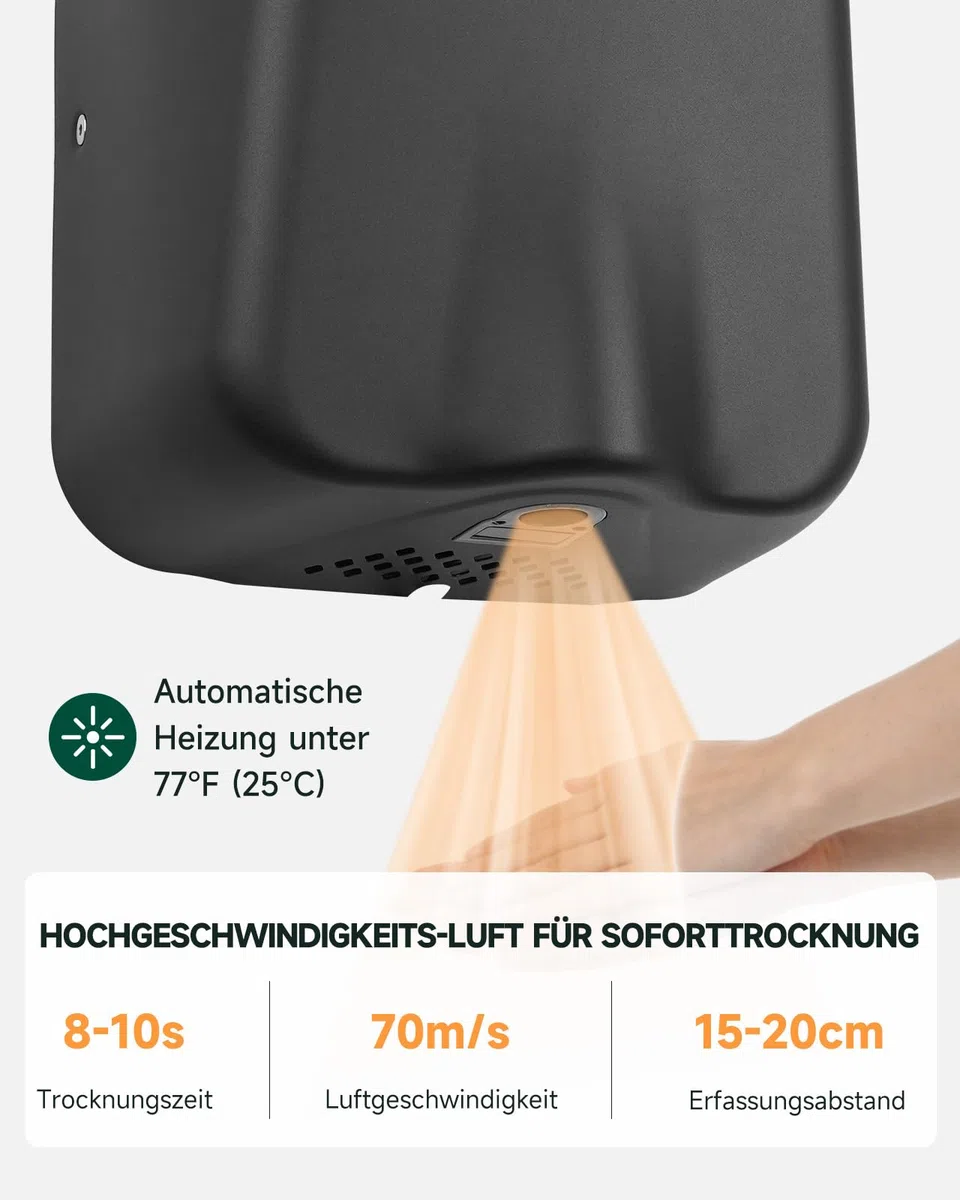 anydry IronStorm 2815 Gewerblicher Händetrockner mit HEPA-Filter 1600W Edelstahl gebürstet Matt Schwarz