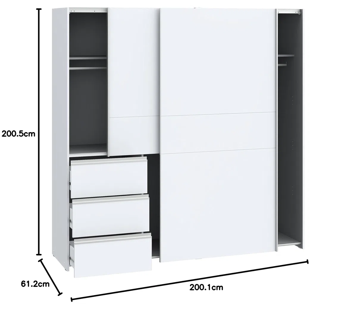 FORTE WINN 2 Schrank, weißer Kleiderschrank, Schlafzimmerschrank, Schwebetürenschrank Weiß mit Schubladen, 200 cm breit x 200 cm hoch x 61,2 cm tief