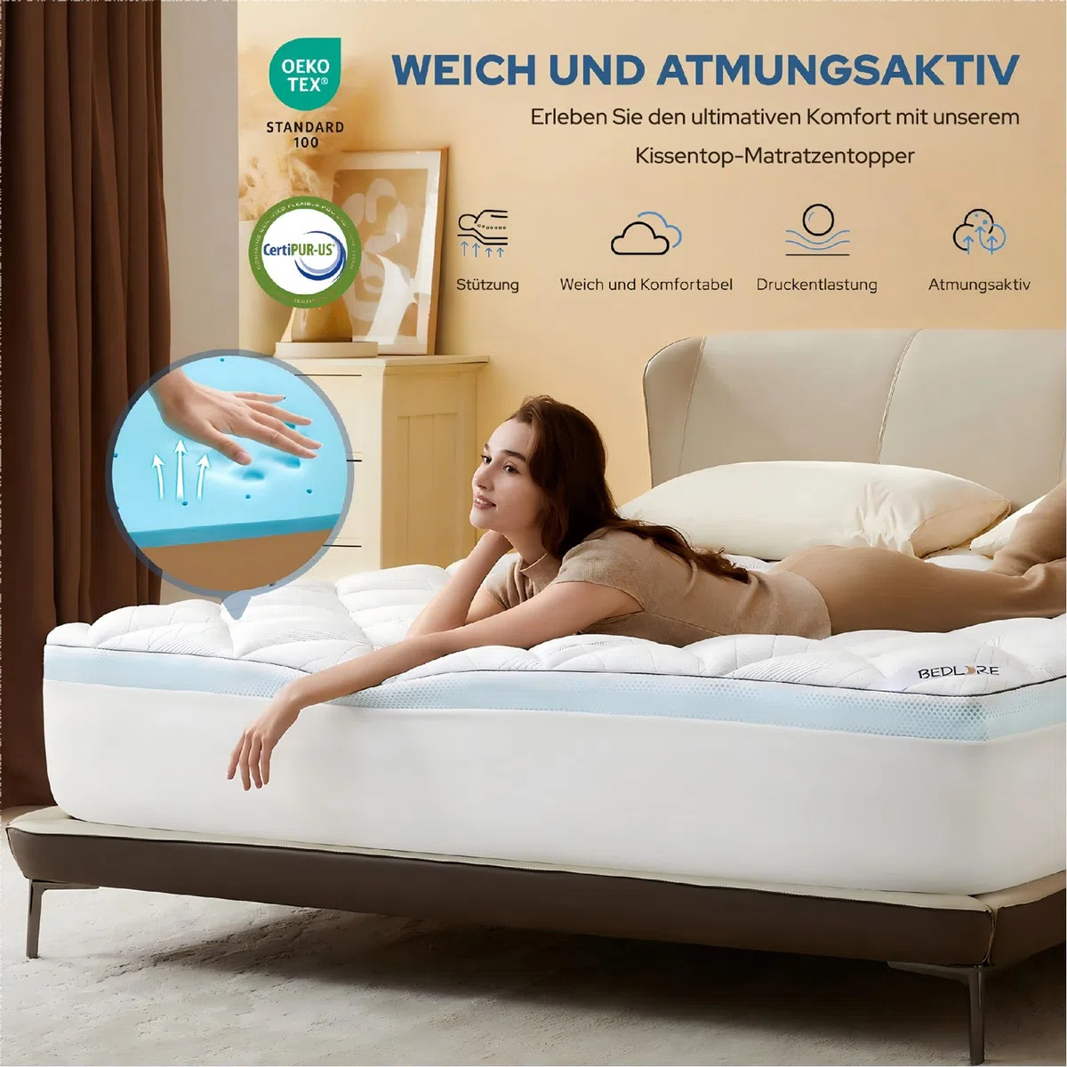 BEDLORE Matratzen Topper 140 × 200 cm, Matratzenschoner zur Linderung von Rückenschmerzen, kühlend und atmungsaktiv, maschinenwaschbar mit tiefen Taschen (Weiß)