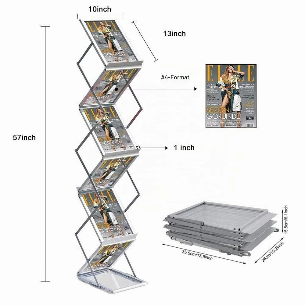 Faltbarer Prospektständer A4 Aluminium - Zeitschriftenständer, Literatur- & Kataloghalter mit 6 Taschen, Flyer Aufsteller mit Tragetasche, Bodenaufsteller für Messe, Büro, Ausstellung (Silber)