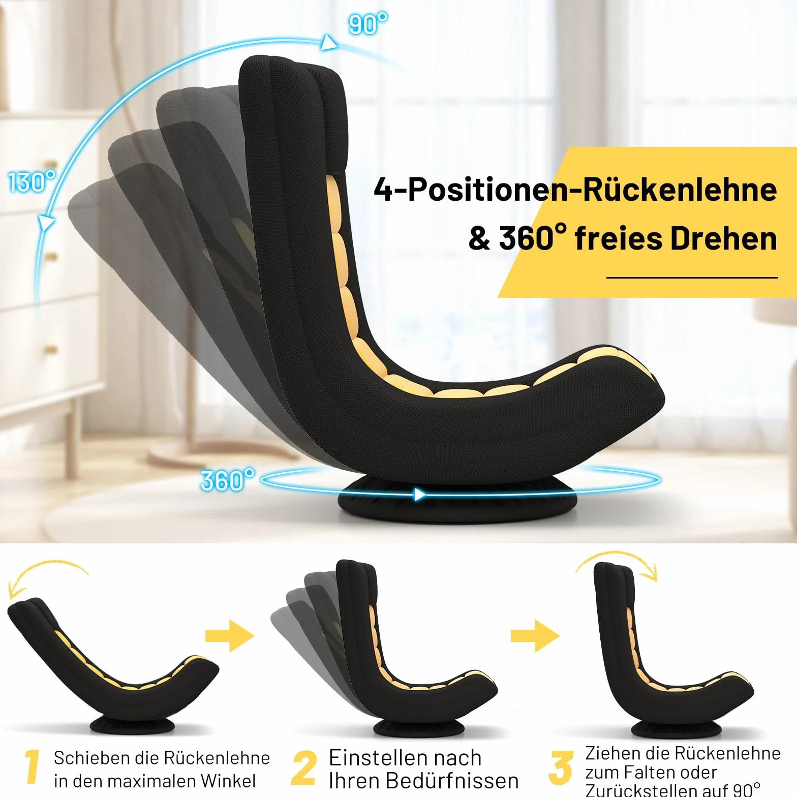 COSTWAY Bodenstuhl 360° drehbar, klappbares Bondensofa mit Verstellbarer Rückenlehne, Bodensessel, Relaxsessel zum Fernsehen, Lesen, Gaming (Gelb)