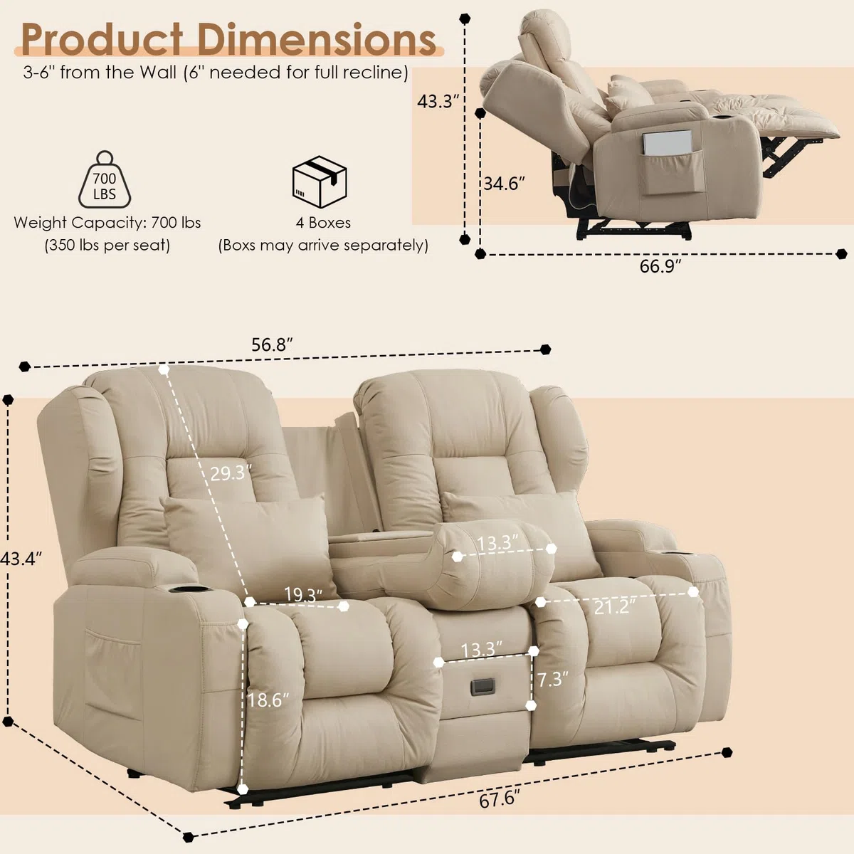 SAMERY Relaxsessel mit Liegefunktion Fernsehsessel Manuell Verstellbar, Zweisitzer Sofa Kinosessel 2 Sitzer mit Getränkehalter Schublade Buchse Stoffbezug
