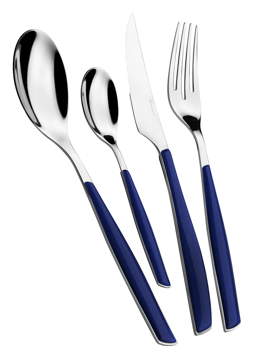 BUGATTI, Glamour, 24-teiliges Besteckset aus Edelstahl 18/10 und Griff Blue Night. 6-Personen-Besteckset bestehend aus 6 Löffeln, 6 Gabeln, 6 Messern und 6 Kaffeelöffeln