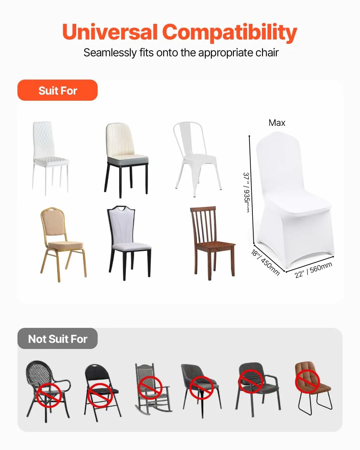 VEVOR Stuhlhussen Weiß 50 Stück Stuhlüberzug Abnehmbarer Waschbarer Stuhlbezug für Schalenstühle, Stretch Stuhlhussen für Hochzeit, Party, Hotel, Restaurant