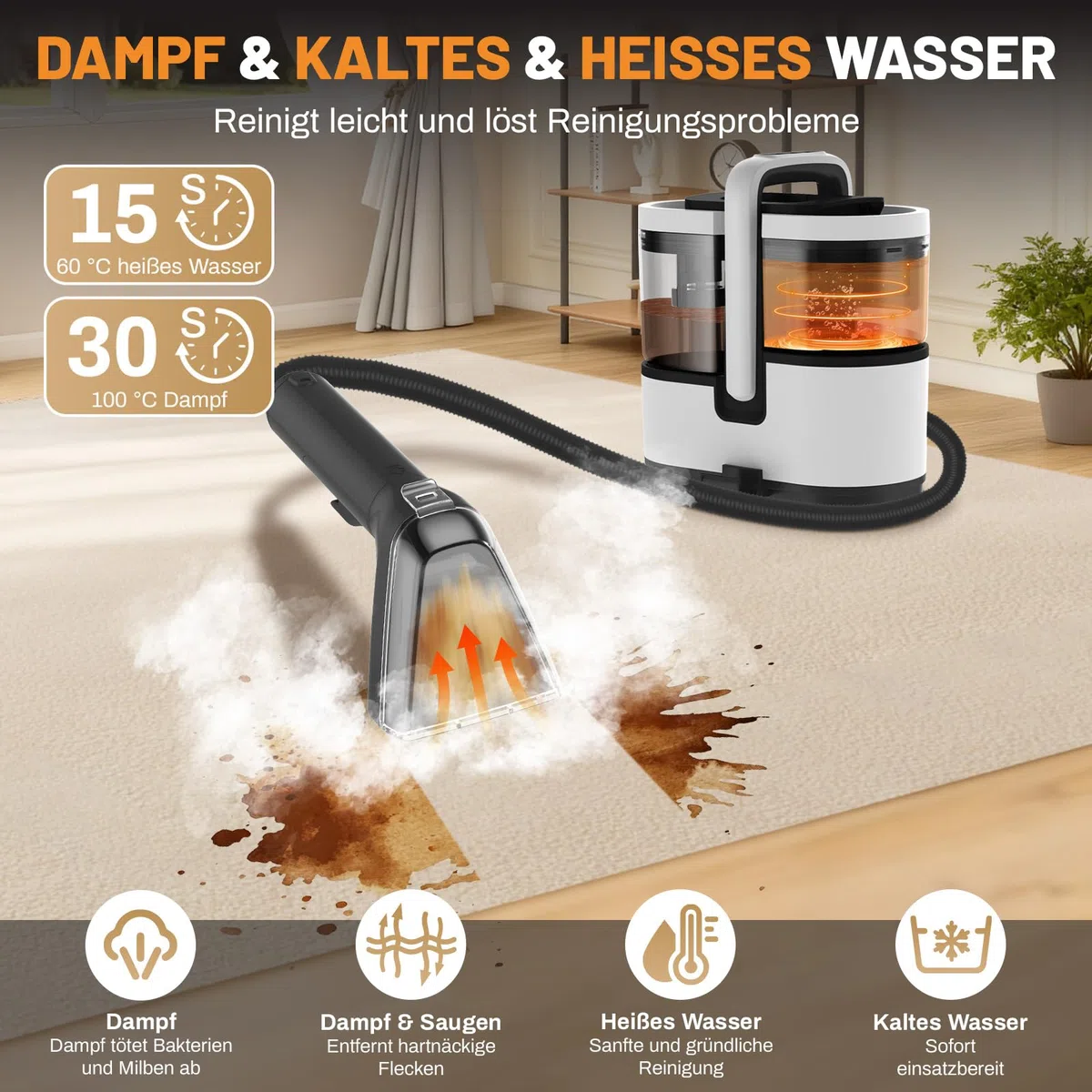 HJH Polsterreiniger Gerät Teppichreiniger 1800W, 100°C Steam Cleaner Schnellheizung, 18Kpa Nasssauger mit Starker Saugkraft, Tragbarer Dampfreiniger für Sofa, Teppich, Polster, Vorhänge, Autositz