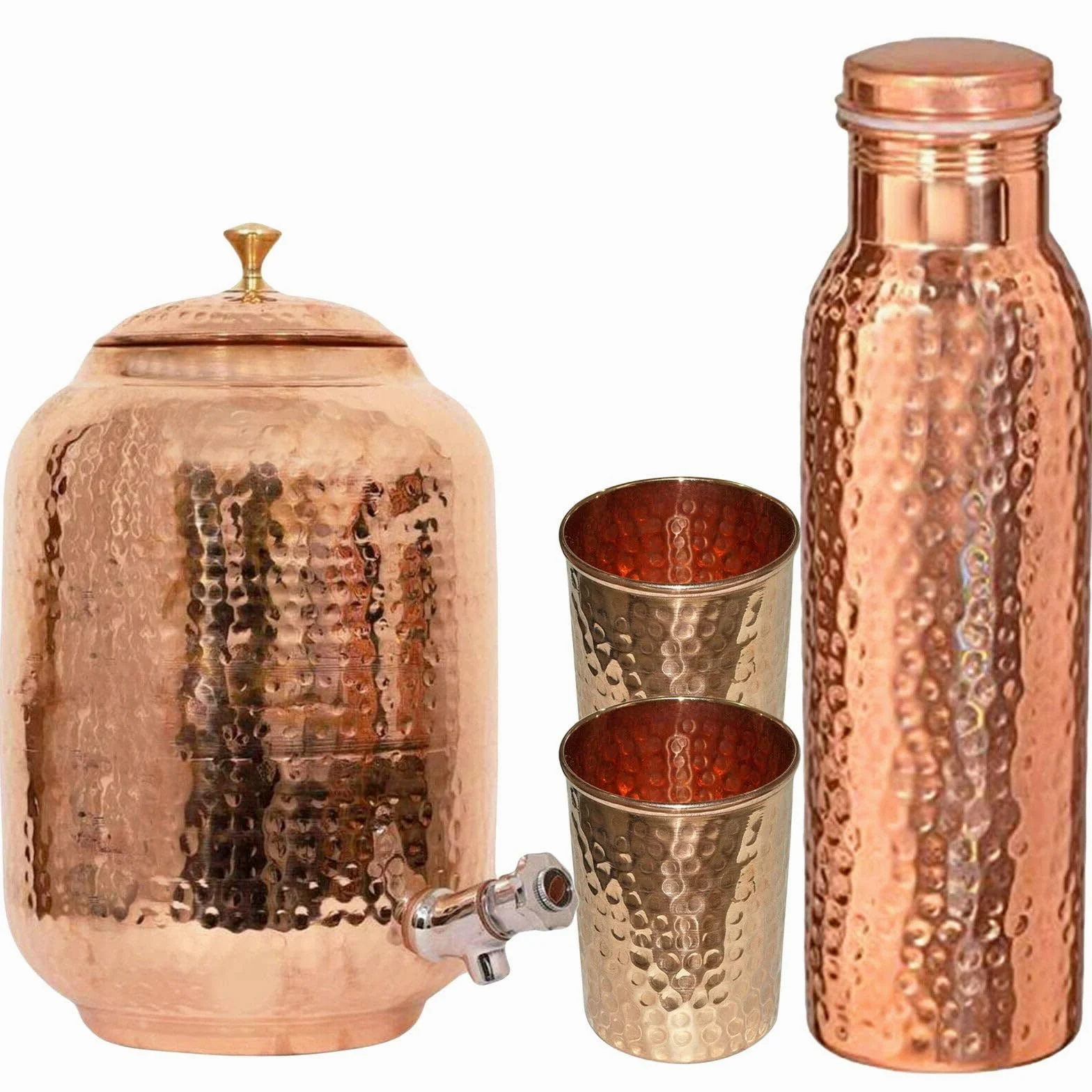 Wasserspender aus reinem Kupfer, 8 l Fassungsvermögen, gehämmerte Oberfläche, ayurvedische gesundheitliche Vorteile, inklusive 2 passenden Trinkgläsern und 1 Kupferflasche, handgefertigtes
