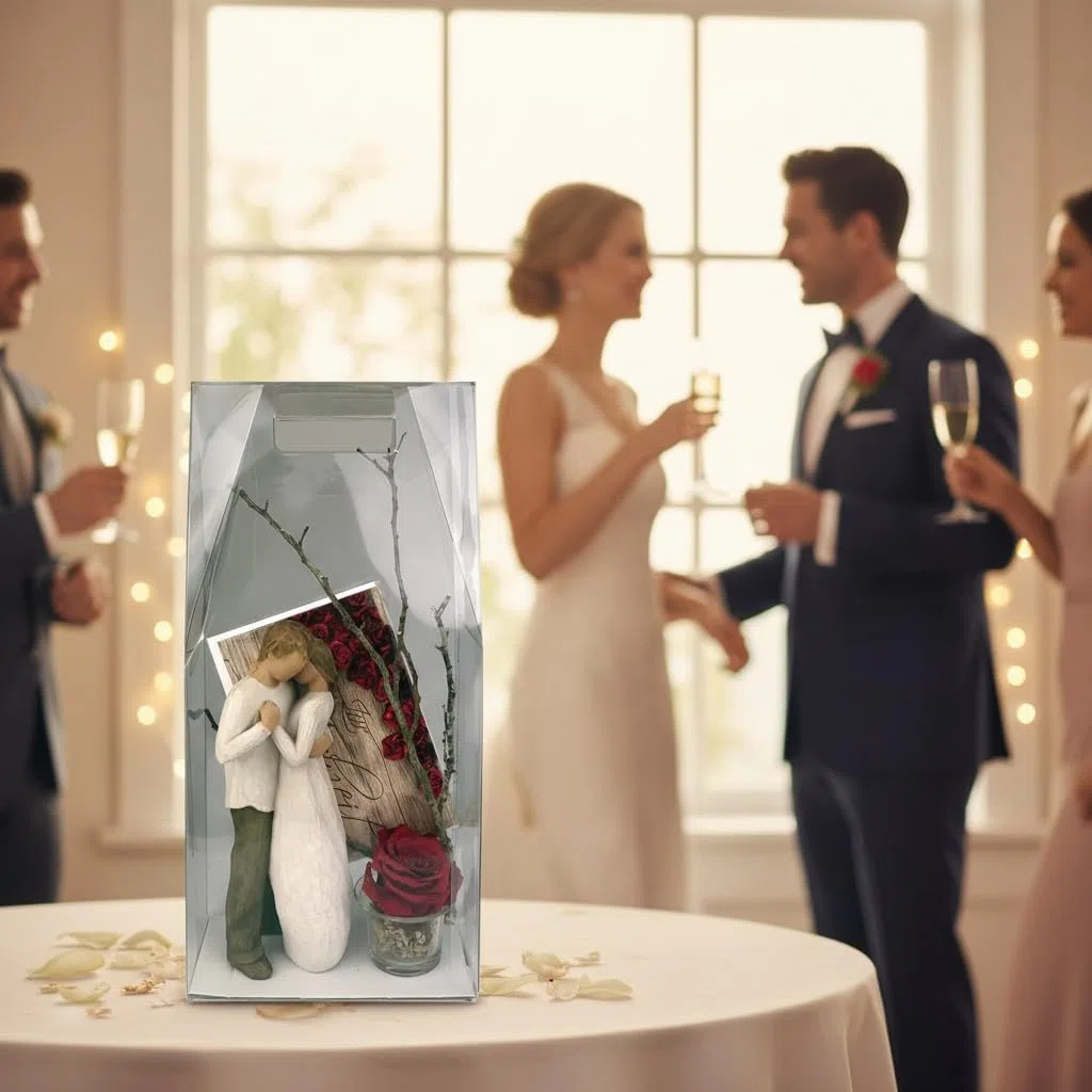 Hochzeitsgeschenk Box 1 – Figur 23 cm mit Long-Life-Rose im Teelichtglas, Faltkarte „Zur Hochzeit“ & Acryl Geschenkbox mit Tragegriffen – Geschenk für Brautpaar