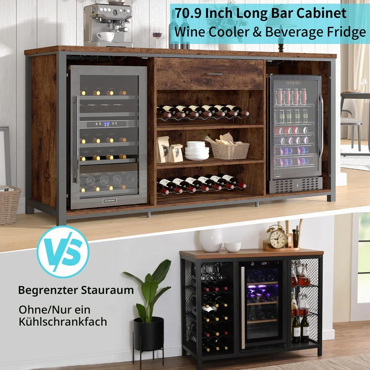 LVB Weinbarschrank mit Kühlschrank Platz Rustikaler Langer Barschränke mit Schubladen Stauraum Landhaus Holz Metall Wein Schrank Mit Regal Sideboard Büfett Für Küche Esszimmer Rustikales Braun 180cm
