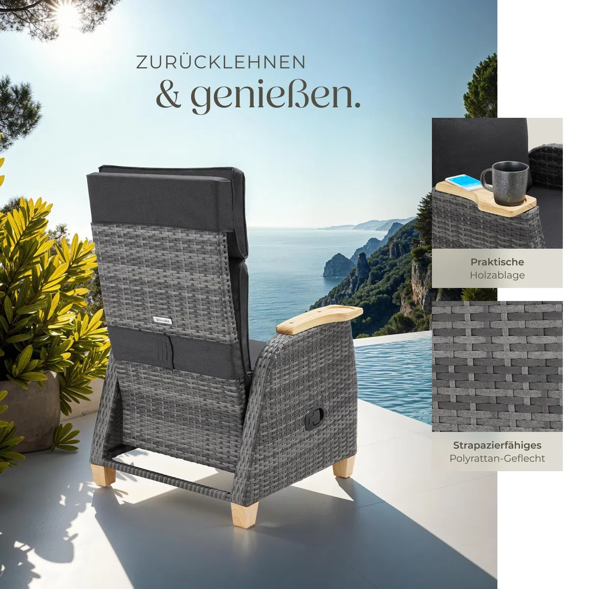 Tectake Rattan Outdoor Sessel Hochlehner mit Fußstütze verstellbare Lehne Relaxsessel Liegefunktion 2er Set