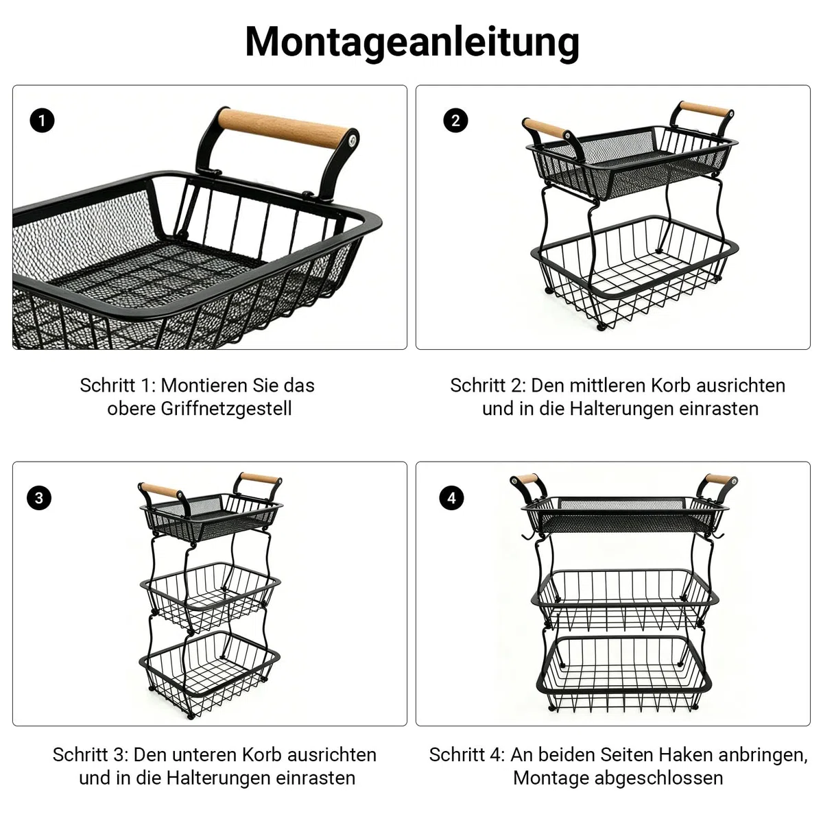 Obstkorb mit 3 Ebenen, Obst-Gemüsekorb mit 2 Bananenaufhängern, Küchenarbeitsplatte, Anrichte, Vorratsschrank, zur Aufbewahrung für Brot, Snacks, Obst（ Schwarz）