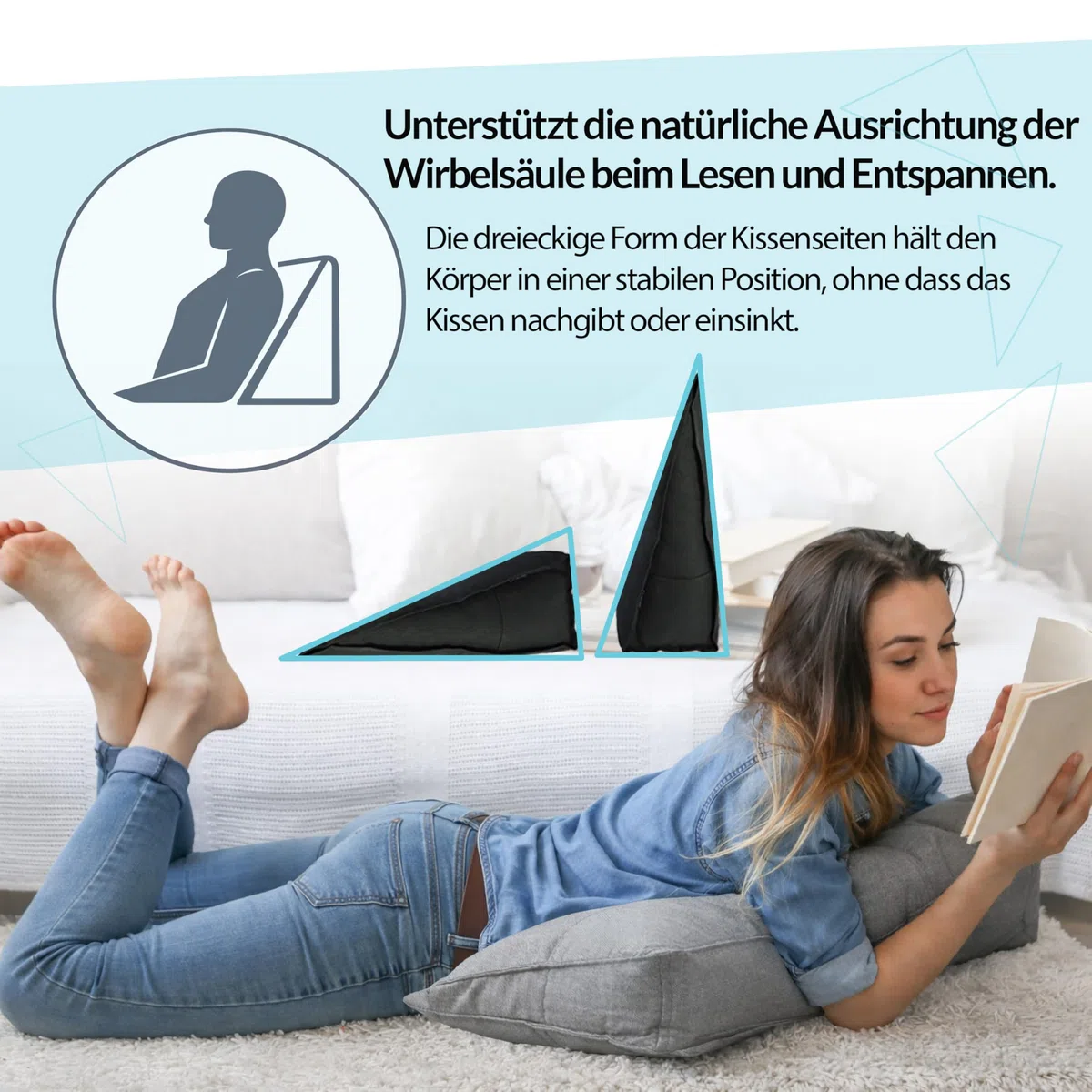 POKAR Rückenkissen 180x50x20 cm | Lesekissen für Bett und Sofa | Großes Keilkissen als Sofakissen für Rückenlehne | Wandkissen mit praktischen Seitentaschen | Oeko Tex 100 Zertifiziert | Grau