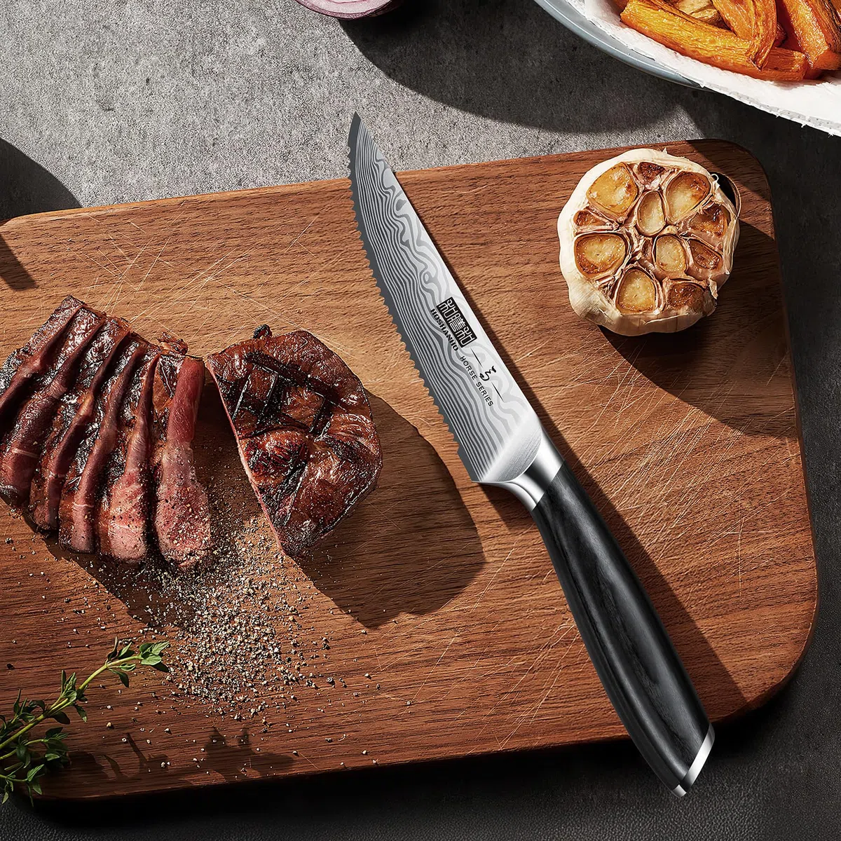 HOSHANHO 6-Teilig Steakmesser-Set, 11,5 cm Steakmesser Set mit Japanischer Wellenschliffklinge, Ultrascharfes Steakmesser aus Pulverisiertem Kohlenstoffstahl mit Pakkaholzgriff