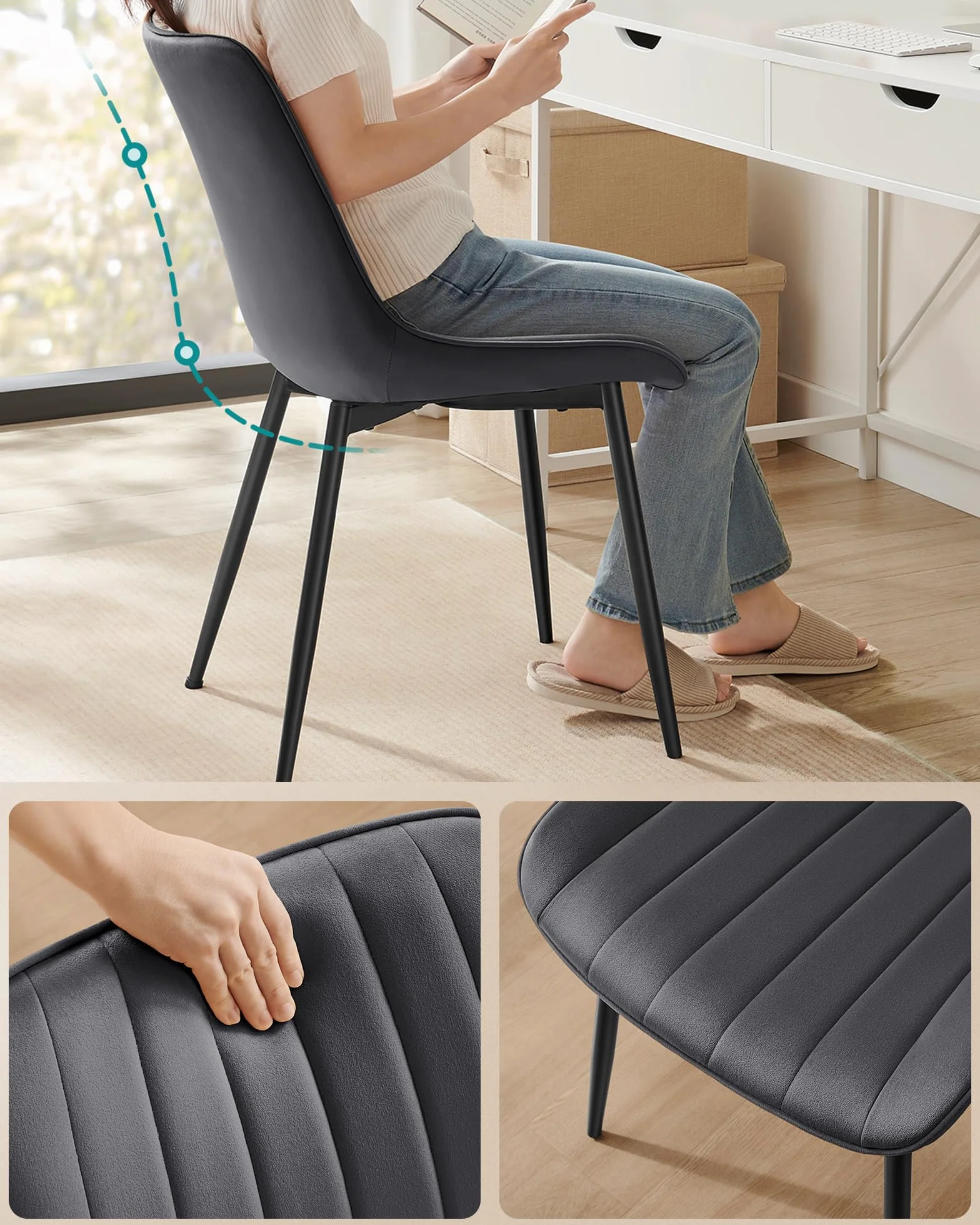 SONGMICS Esszimmerstuhl 2er Set, Küchenstuhl, Samt,Polsterstuhl, bis 120 kg belastbar, Stahlbeine, Gebogene Rückenlehne, für Esszimmer, Küche, grau-tintenschwarz LDC090G05