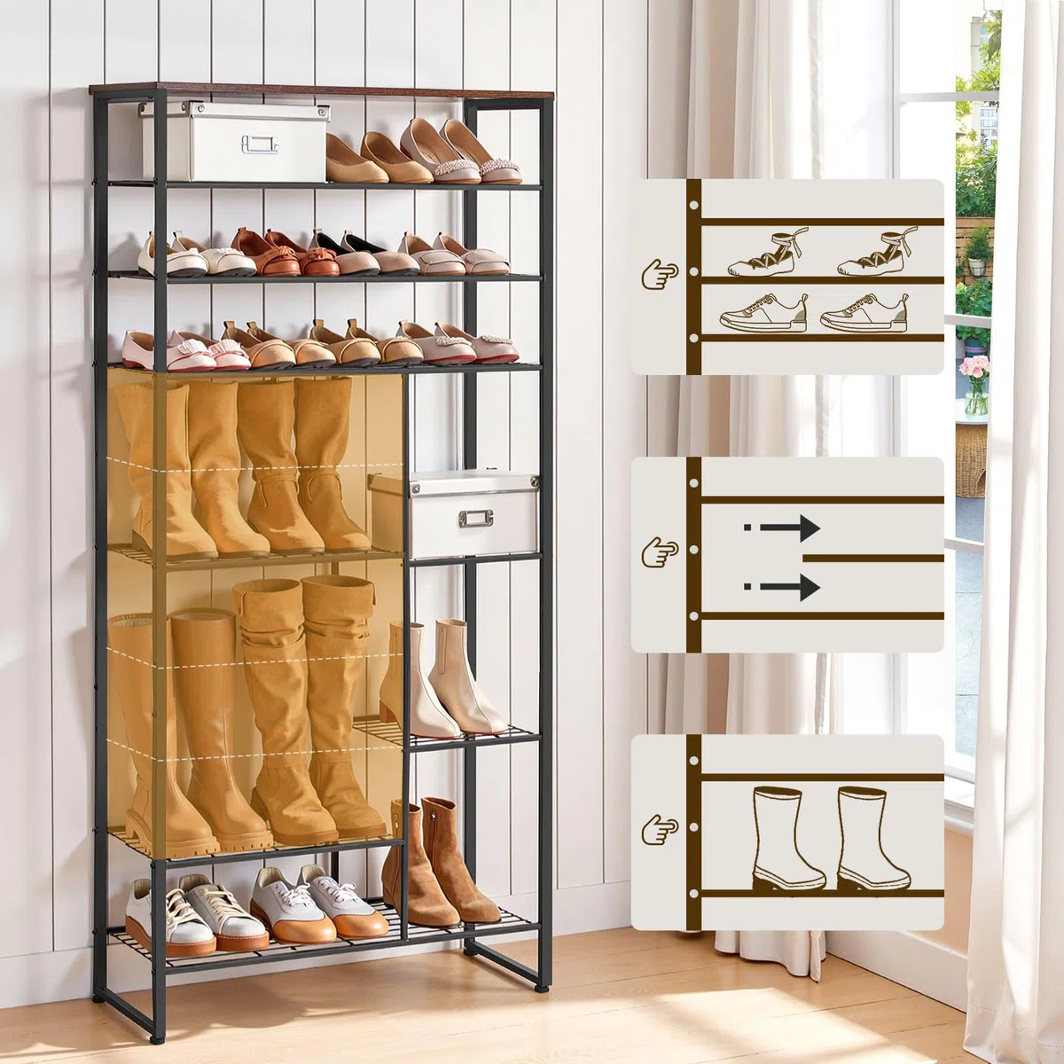 HOOBRO Schuhregal mit 10 Ebenen, Schuhablage für 27-30 Paare, industrielles Schuhregal mit unterschiedlichem Abstand, abnehmbares Gitter, für Eingänge, Flure, rustikales Braun und Schwarz EBF172XJ01